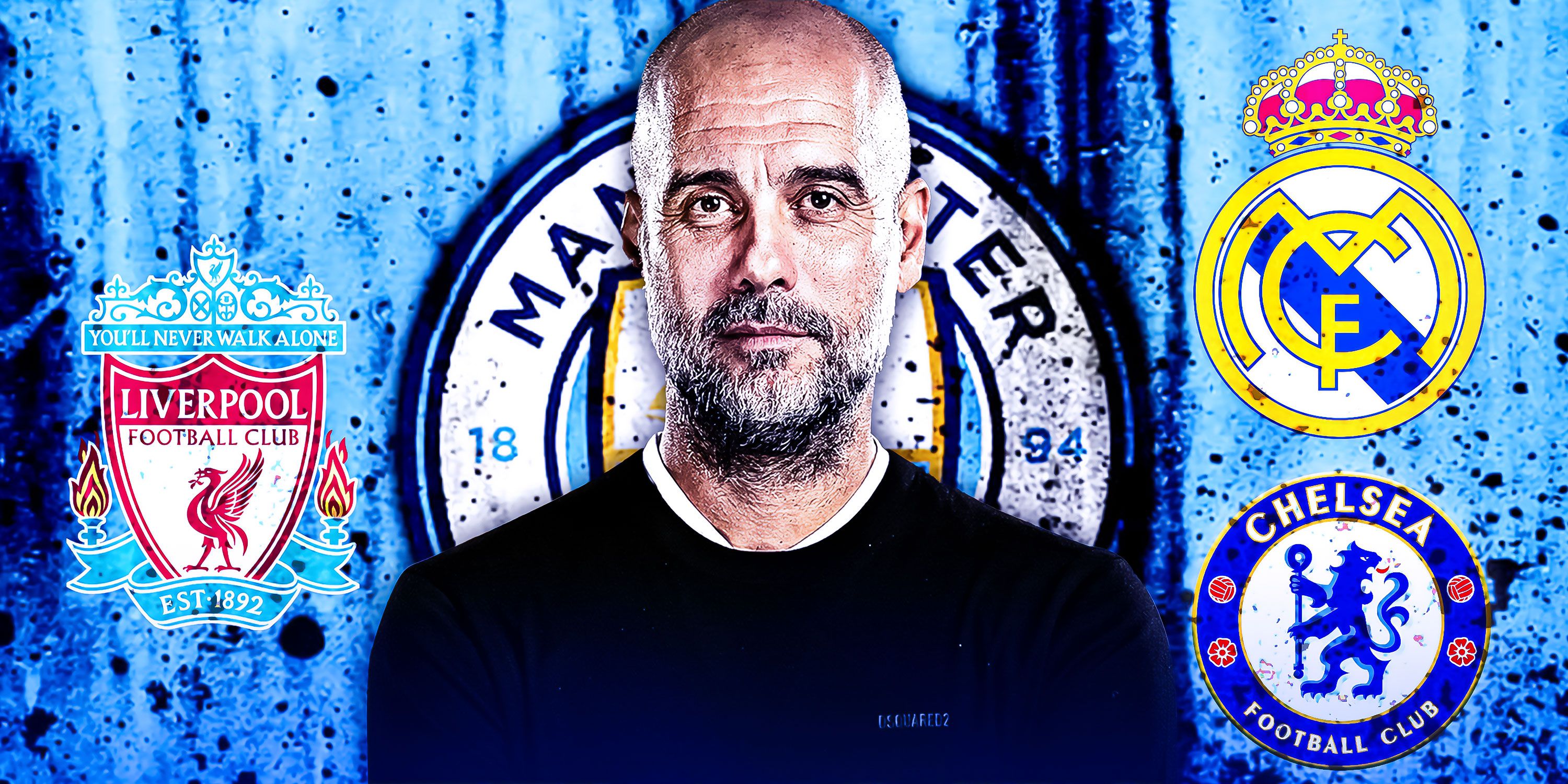 Custom image of Manchester City manager Pep Guardiola with the badges for Liverpool, Chelsea and Real Madrid also visible