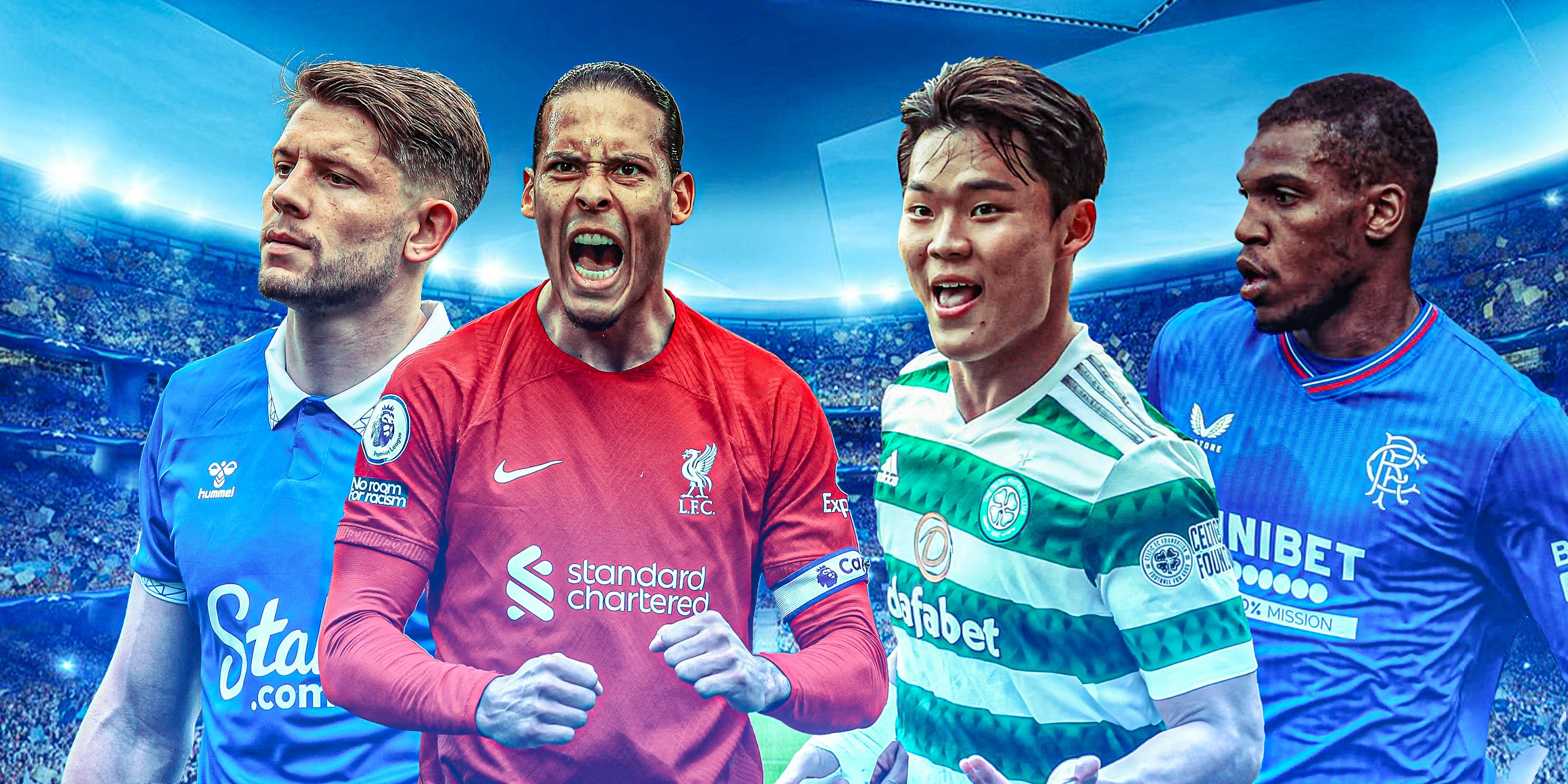 A custom image of Everton's James Tarkowski, Liverpool's Virgil van Dijk and players from Celtic and Rangers