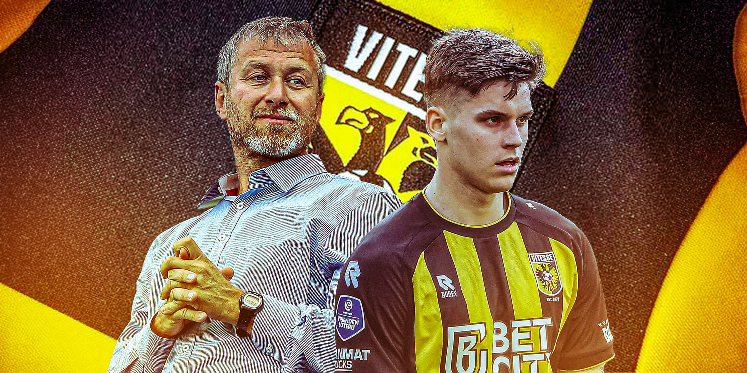 Roman Abramovich and the Vitesse badge and a Vitesse player in their yellow kit from this season looking dejected