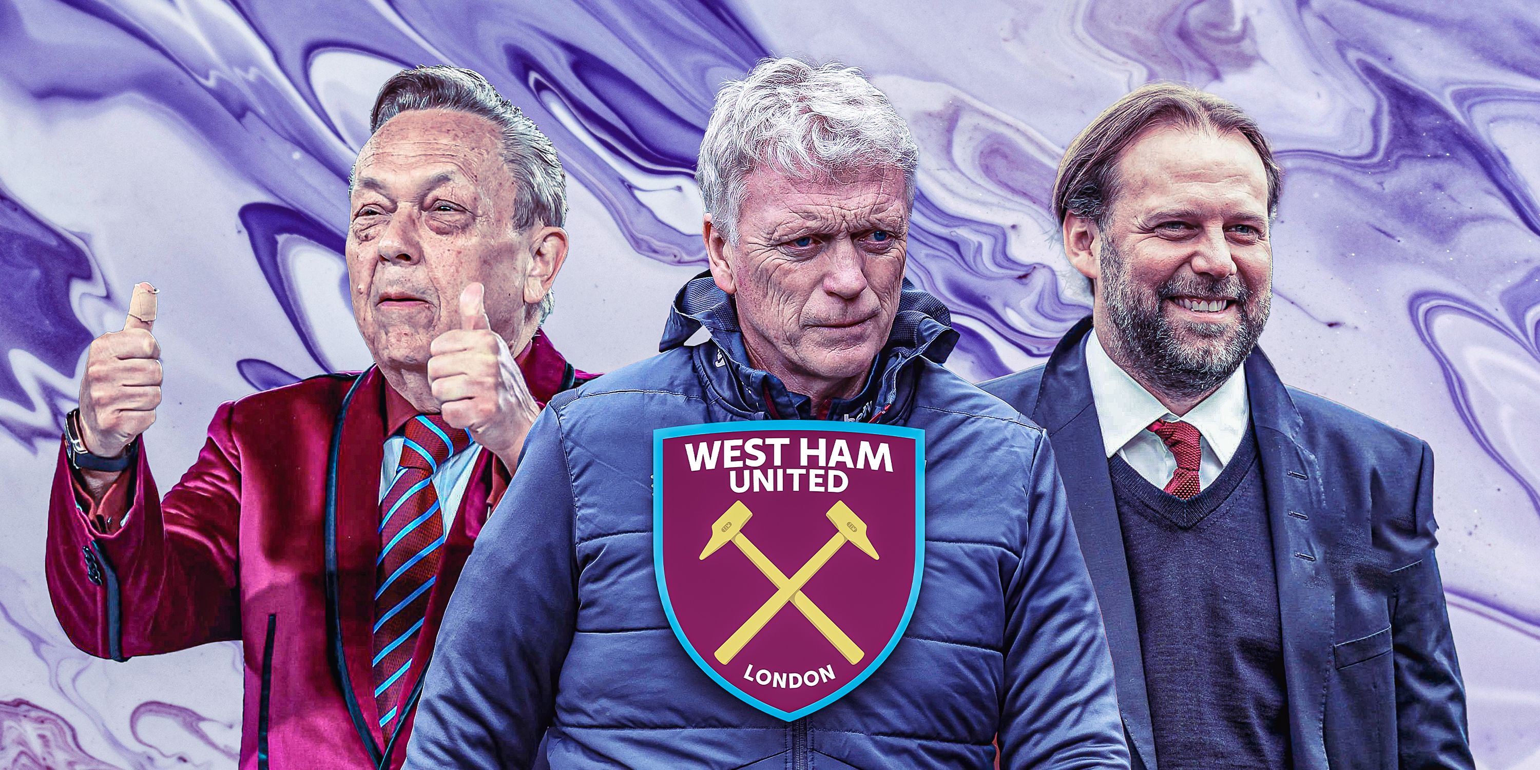 West Ham United co-owner David Sullivan, boss David Moyes and technical director Tim Steidten