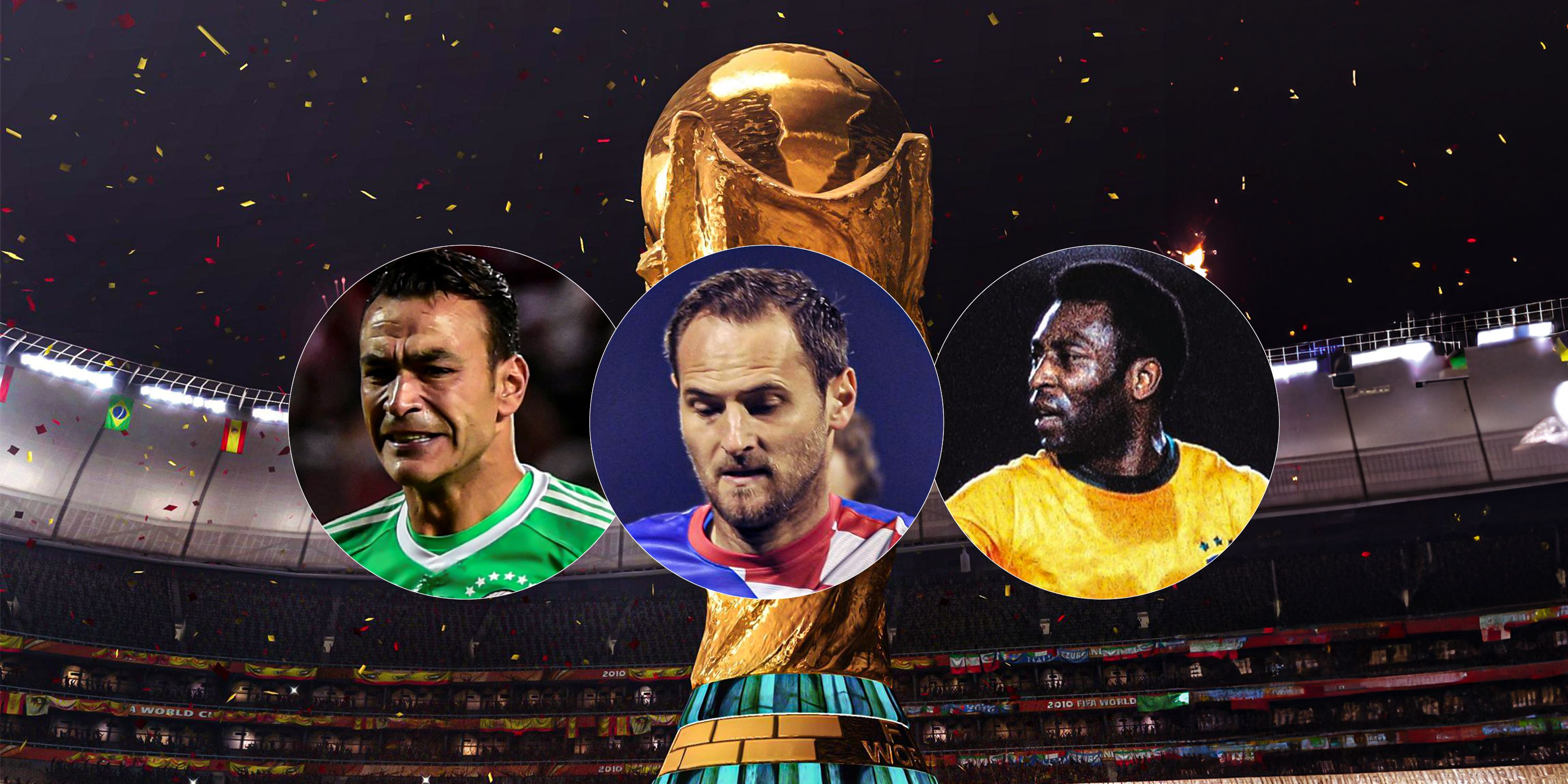 Pele, Josip Simunic and Essam El Hadary in front of the World Cup logo.