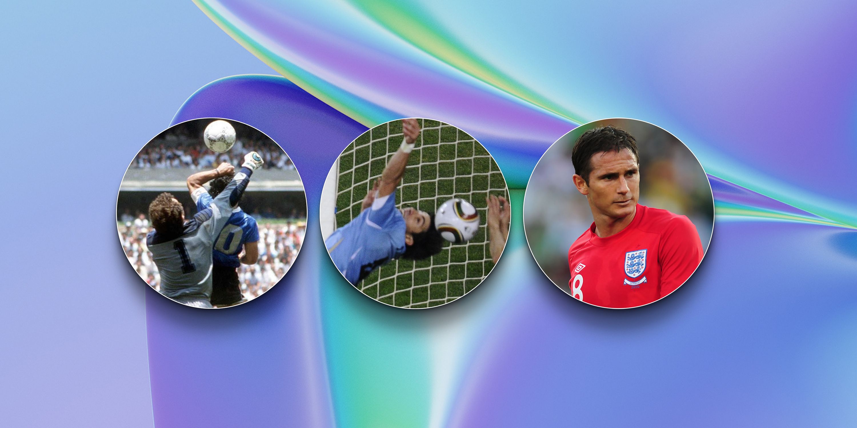 Composite image of the most controversial moments in World Cup history, including Diego Maradona's 'Hand of God', Luis Suarez's handball for Uruguay and Frank Lampard's disallowed goal against Germany