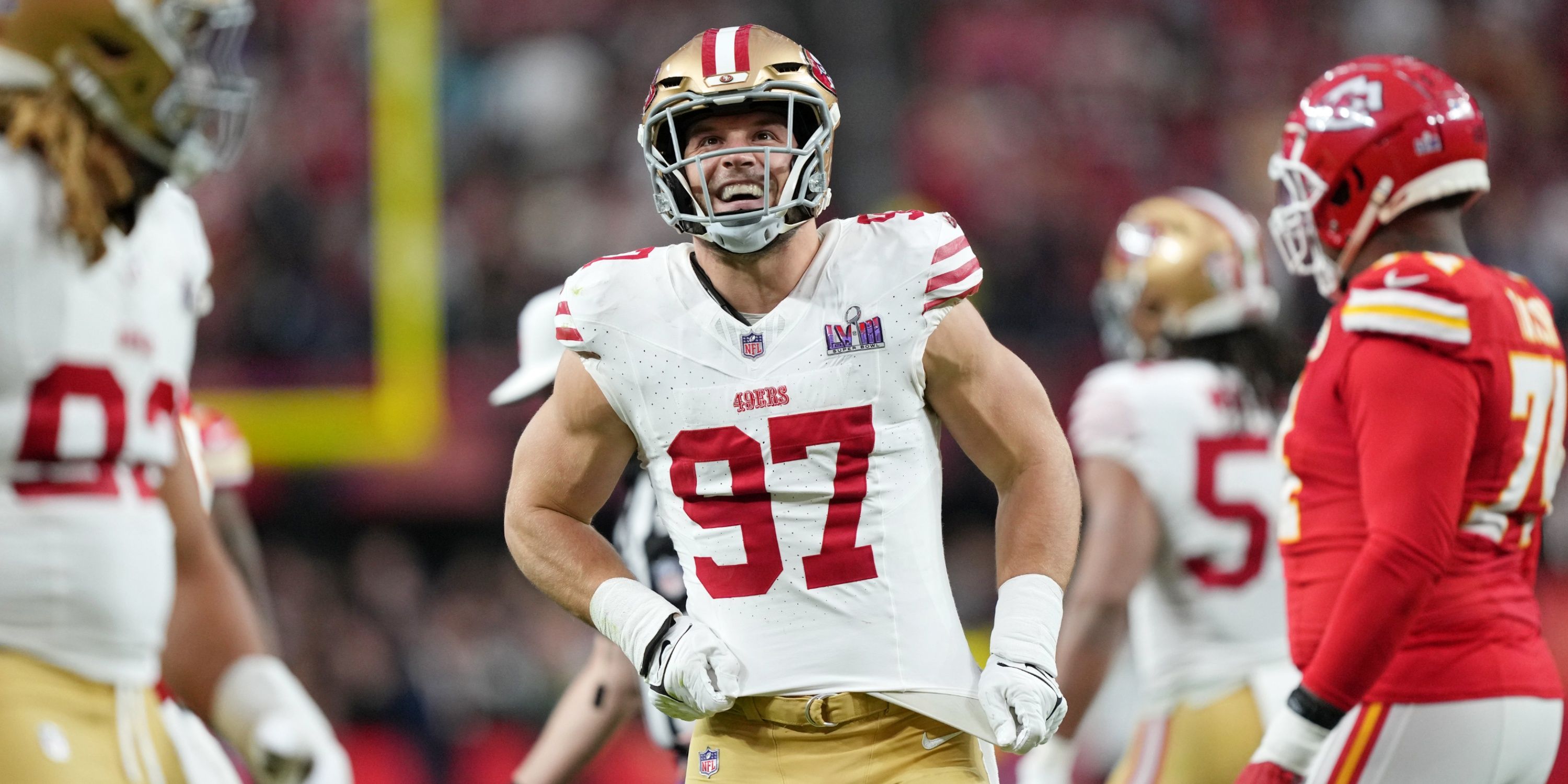 49ers star Nick Bosa after a sack in the Super Bowl