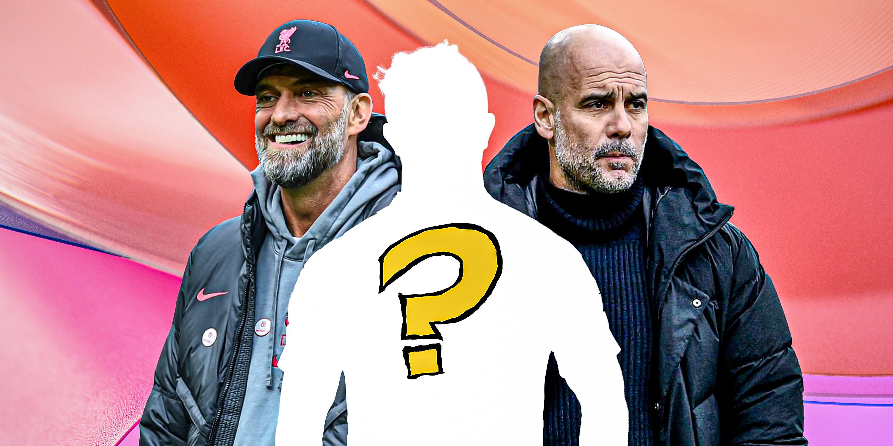 Jurgen Klopp and Pep Guardiola with a silhouette of Xherdan Shaqiri in the middle
