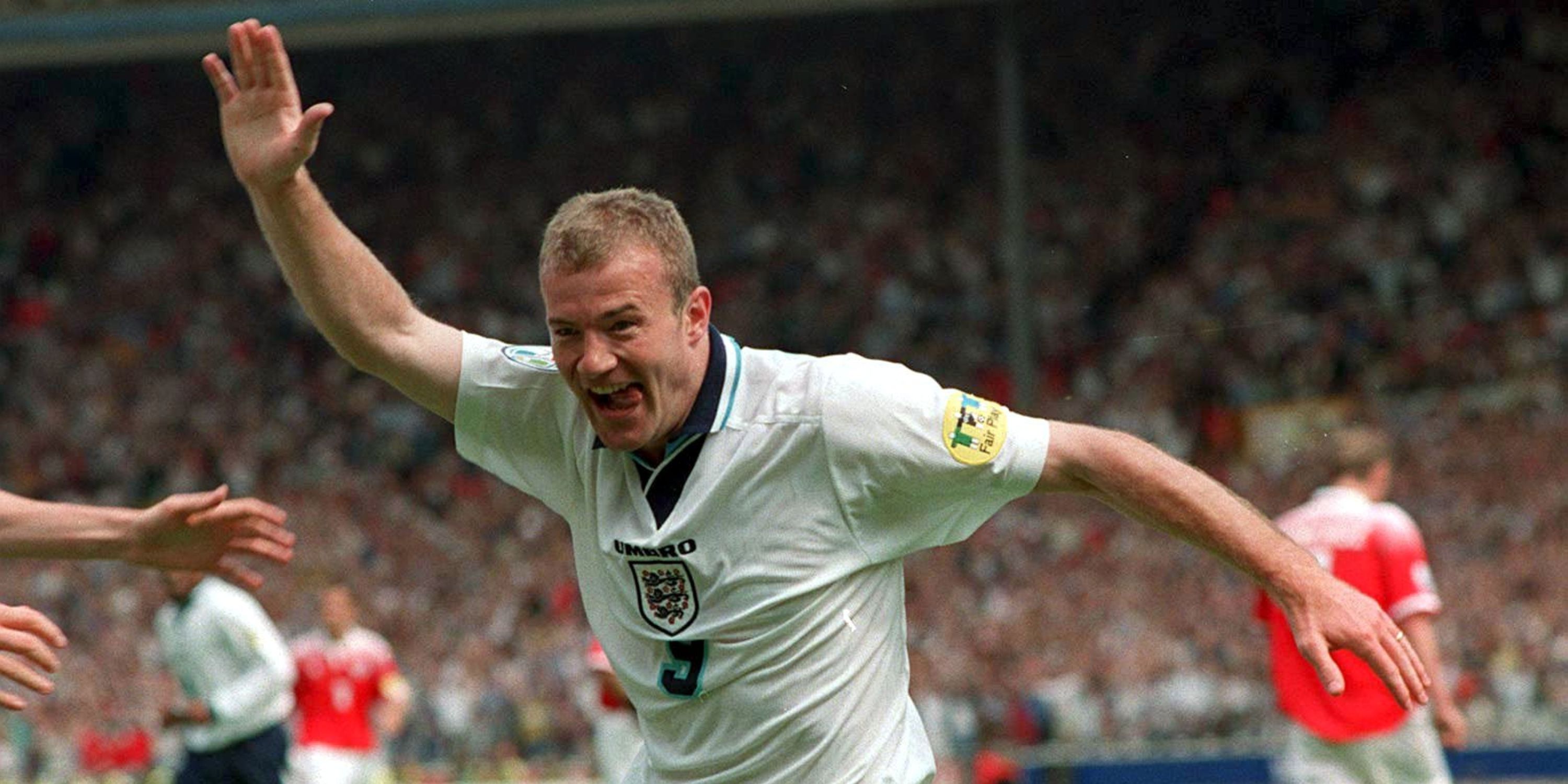 Alan Shearer celebrating for England at Euro 96