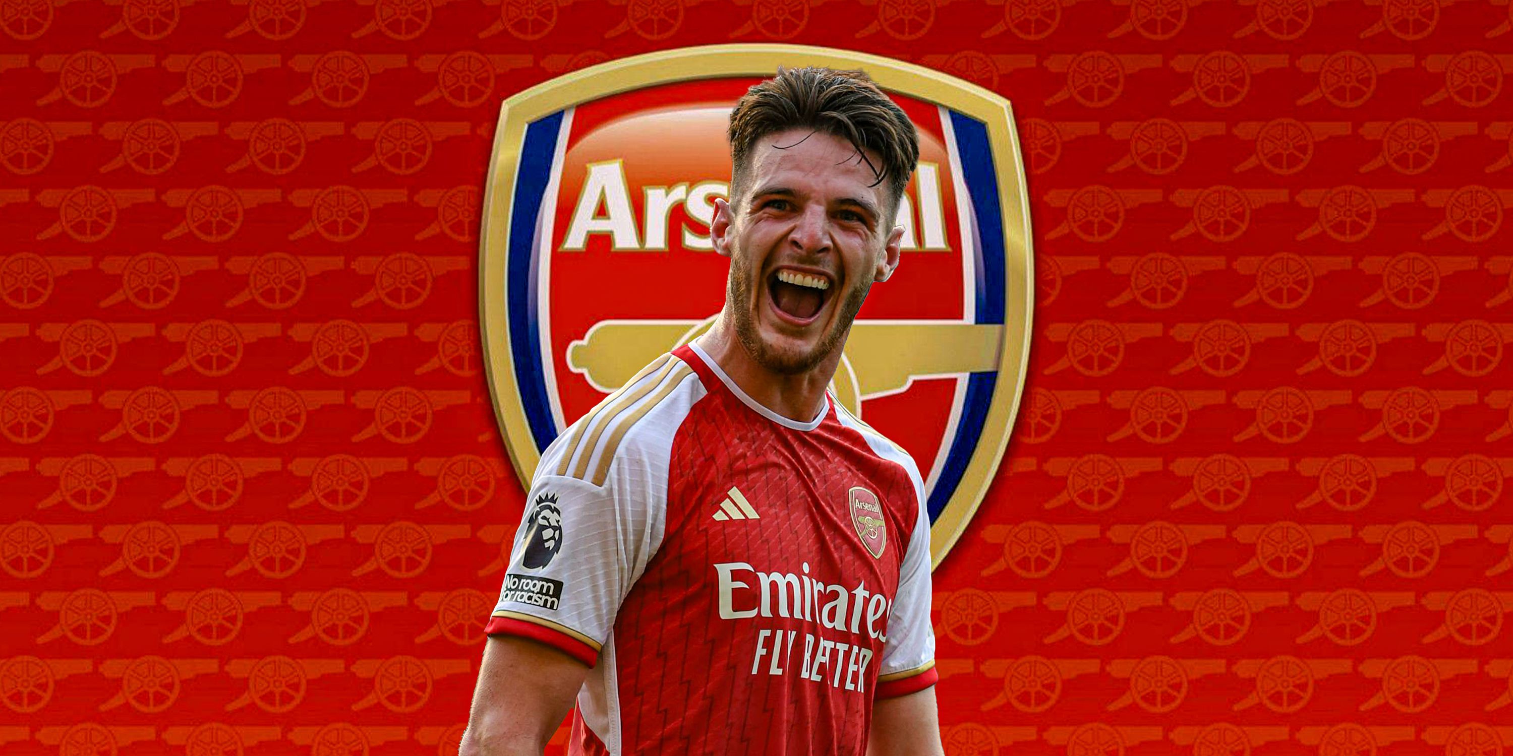 Declan Rice celebrating/happy in Arsenal red kit with  Arsenal bade/theme