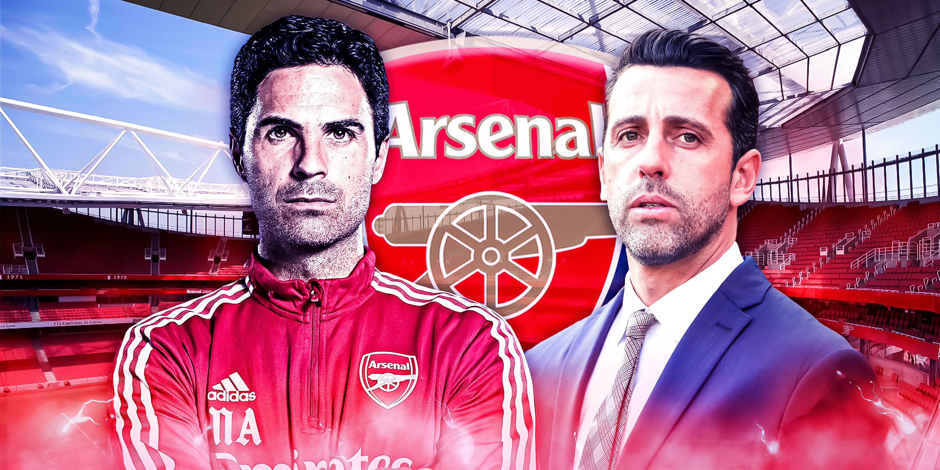 Arsenal boss Mikel Arteta and sporting director Edu in front of the Emirates Stadium