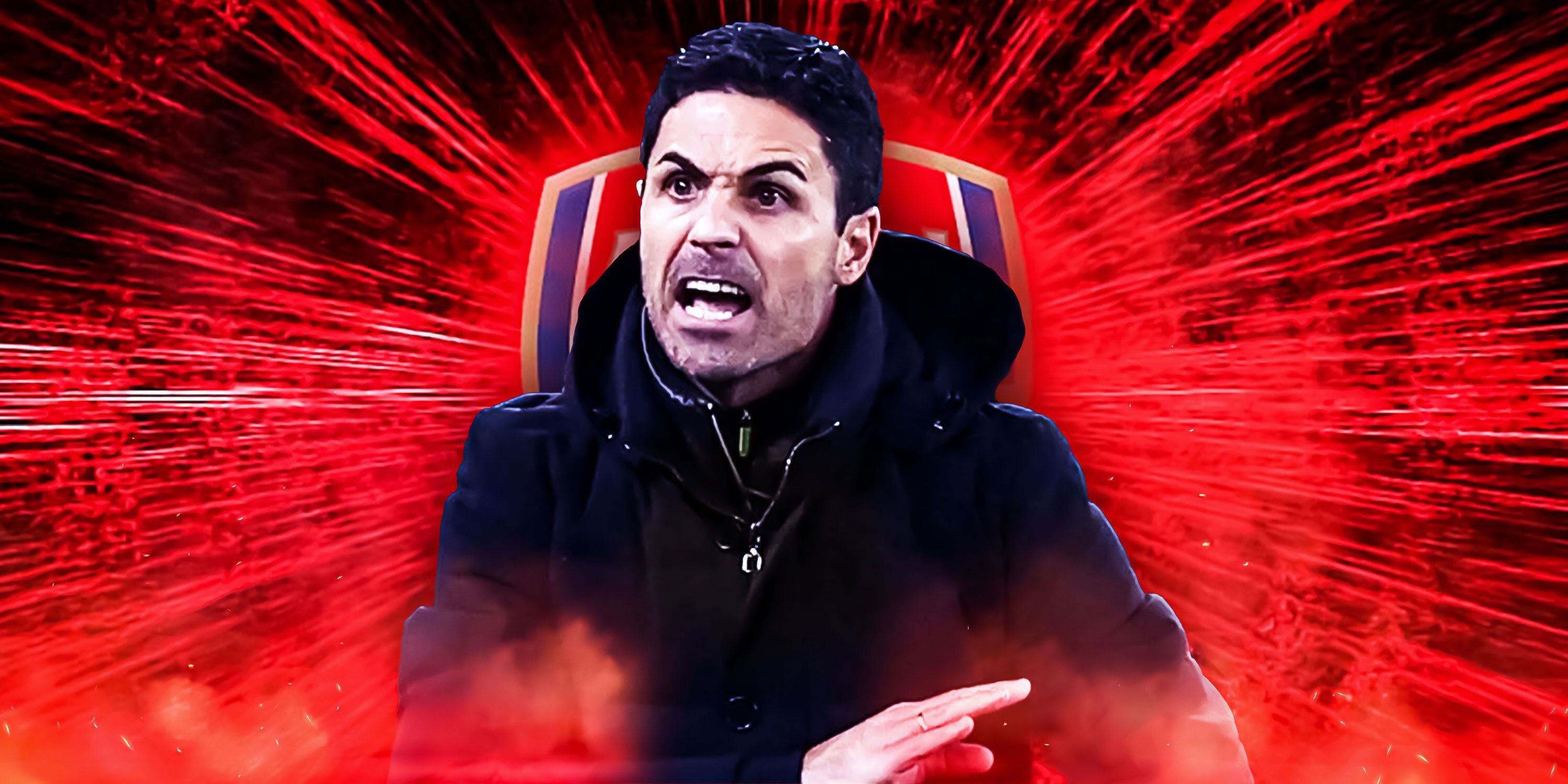 Mikel Arteta looking angry with Arsenal theme/logo
