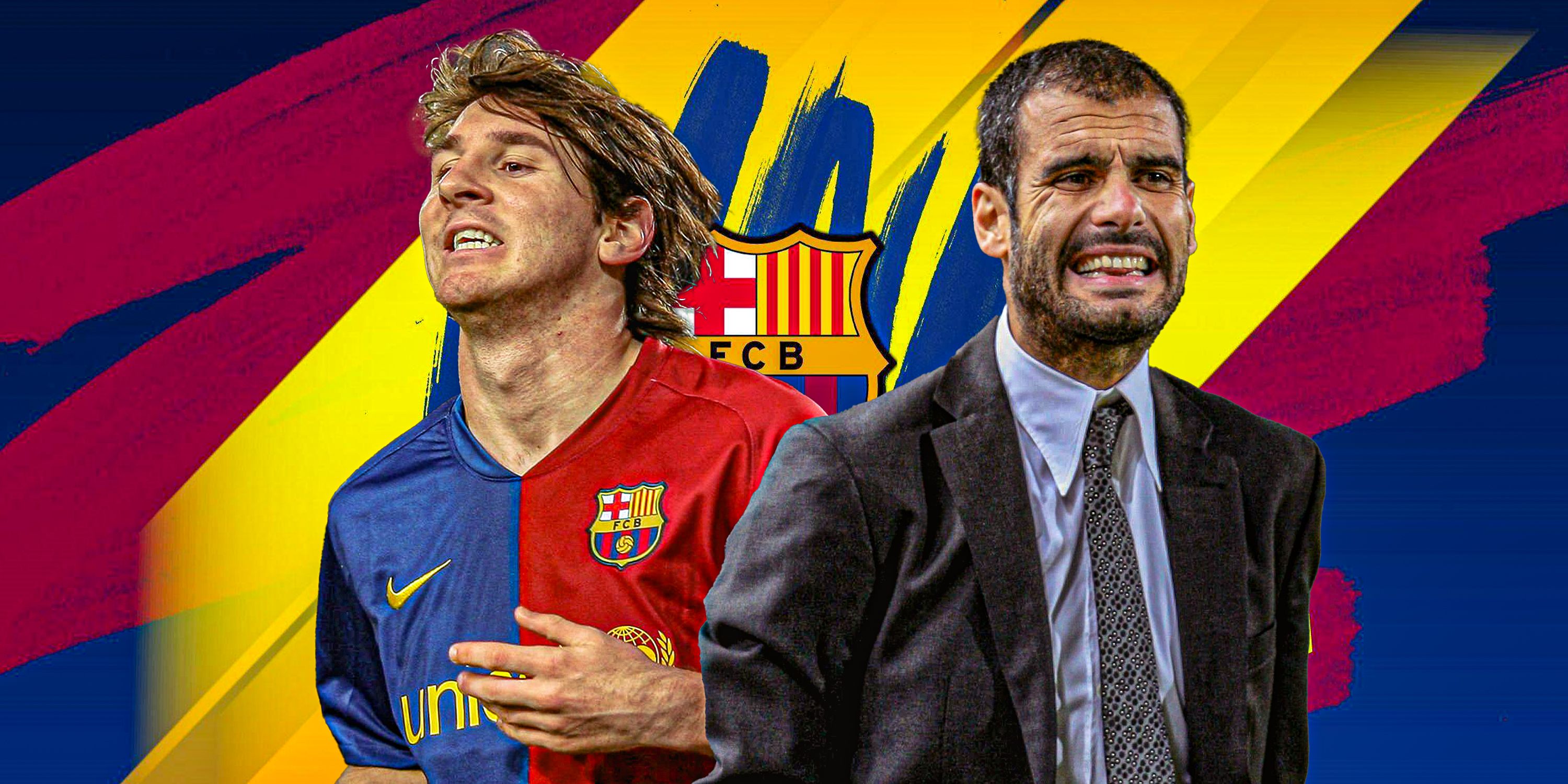 Lionel Messi (in Barcelona kit) and Pep Guardiola - both pictures from around 2008 with Barcelona theme