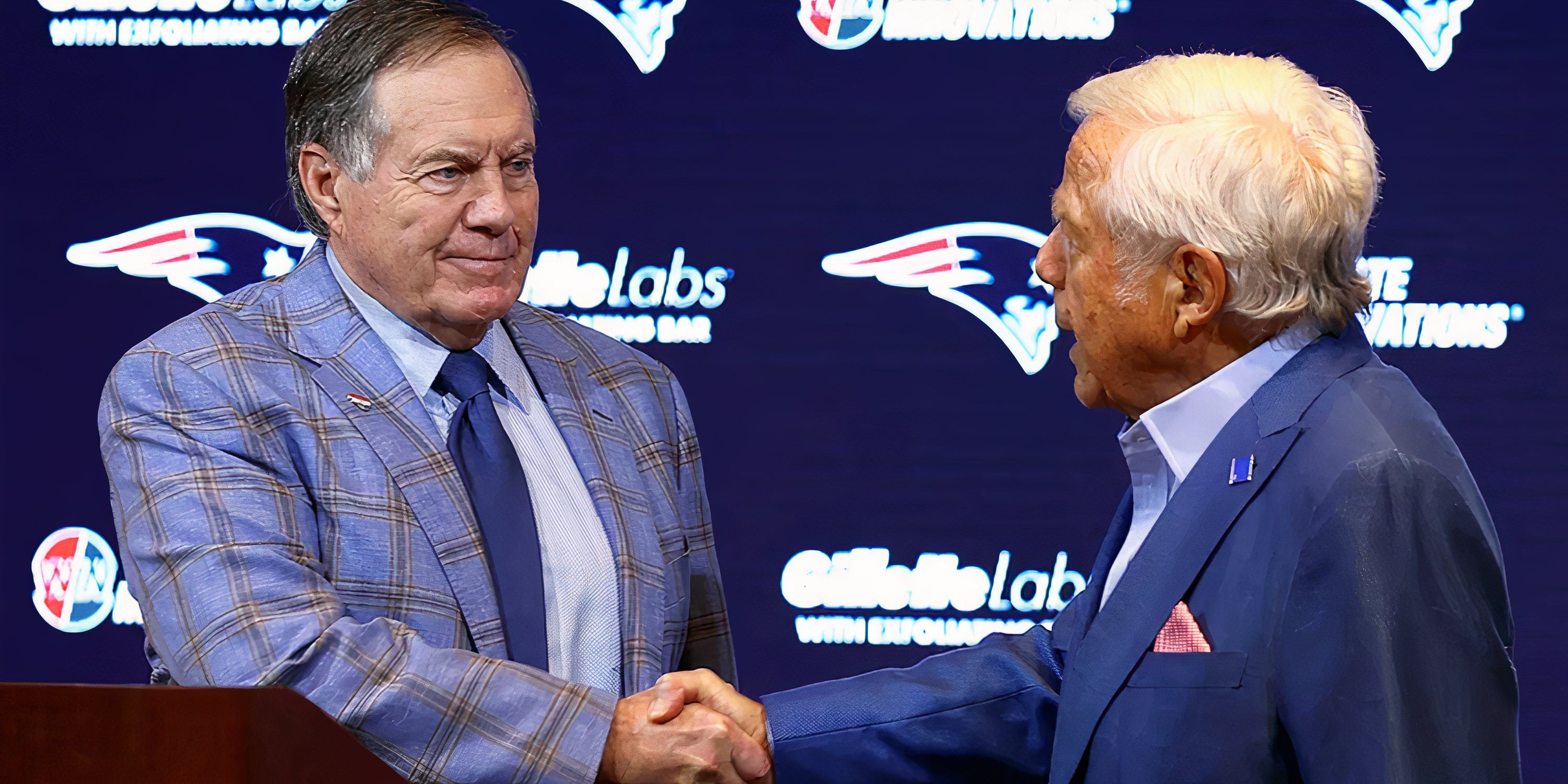 Head coach Bill Belichick, left, of the New England Patriots shakes hands with owner Robert Kraft during a press conference at Gillette Stadium Jan. 11, 2024, in Foxborough, Mass. Belichick announced he is stepping down as head coach after 24 seasons with the team.