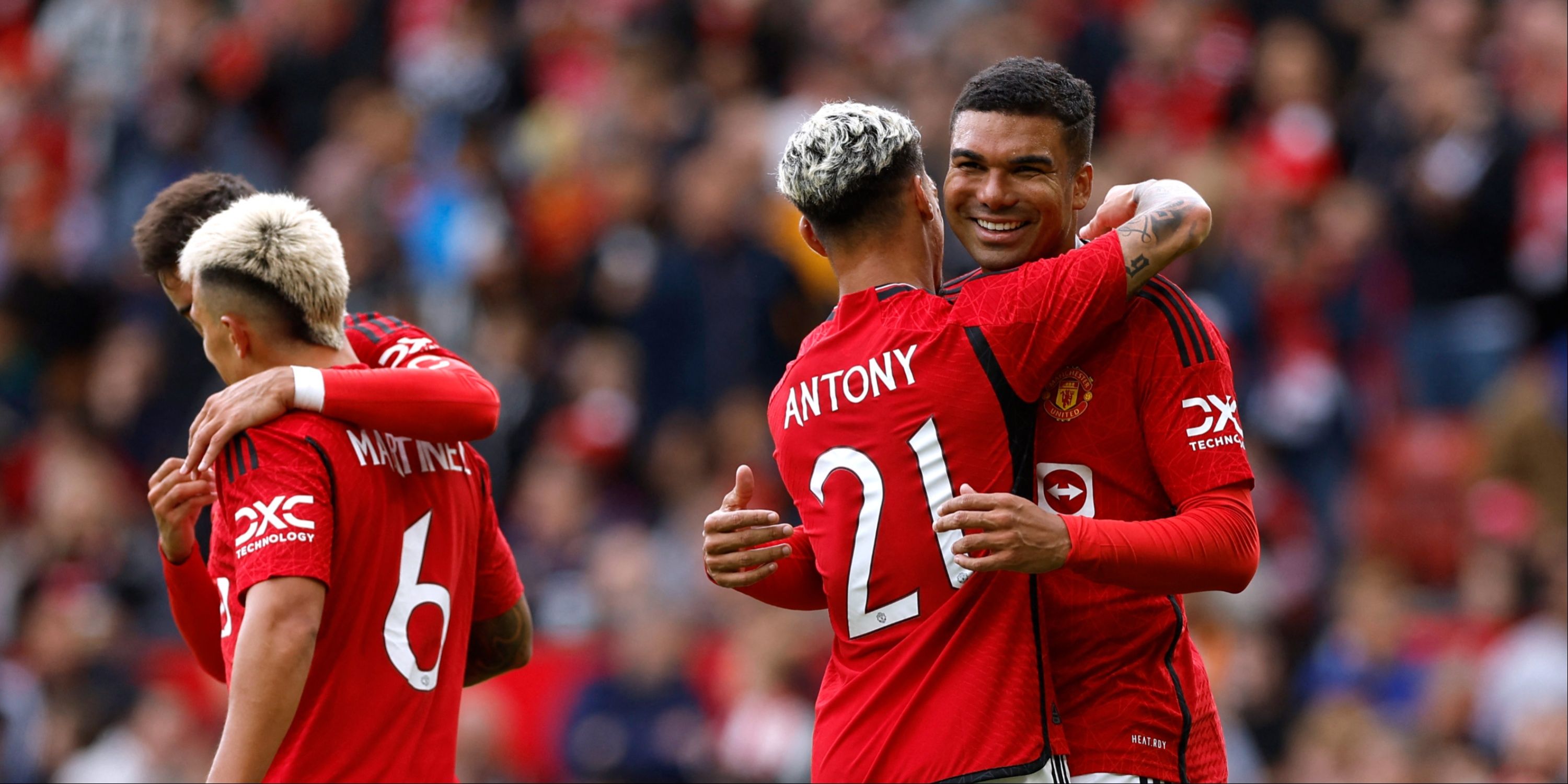 Manchester United's Antony and Casemiro celebrate together.