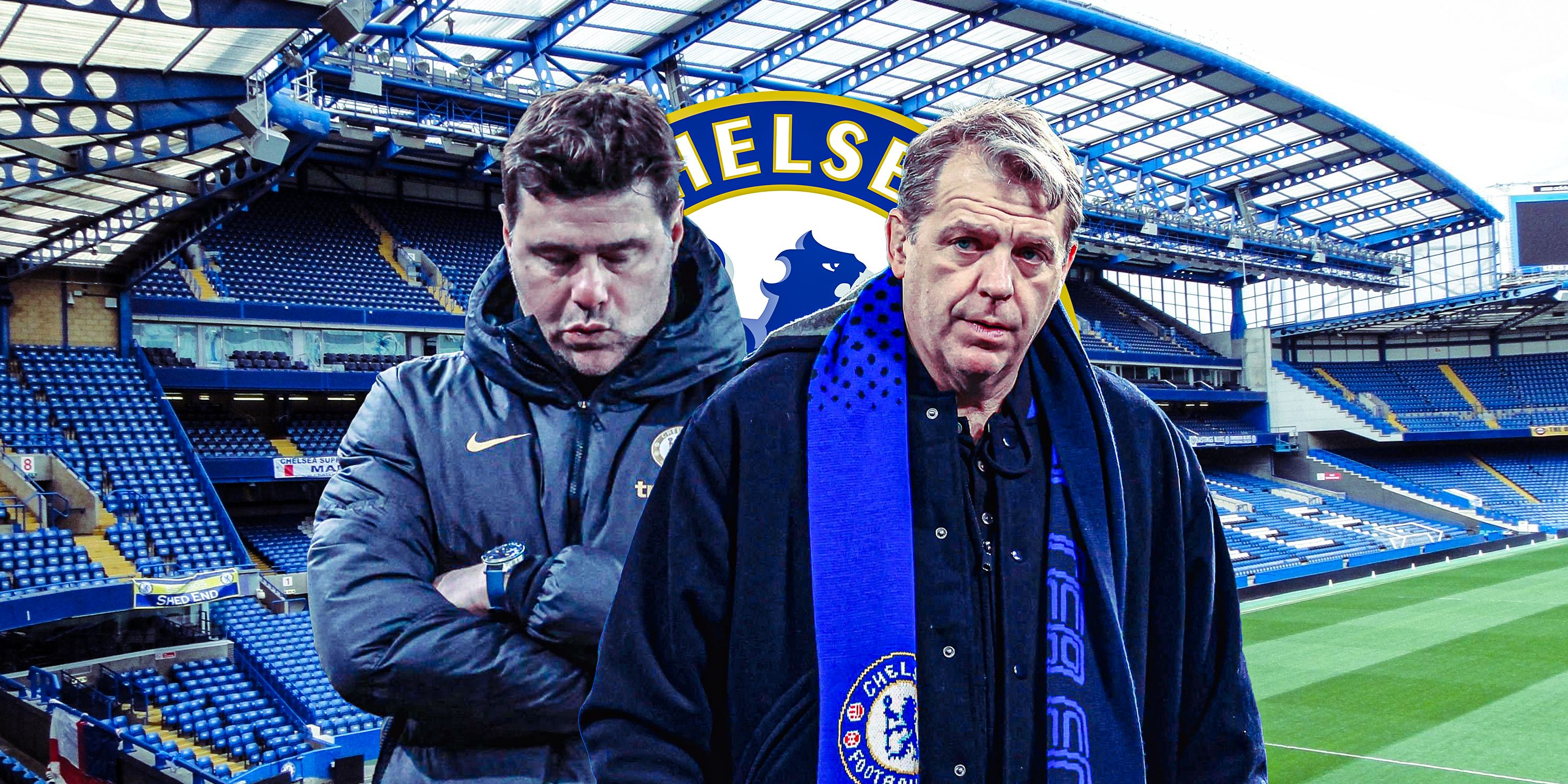 Chelsea boss Mauricio Pochettino and co-owner Todd Boehly standing in front of Stamford Bridge