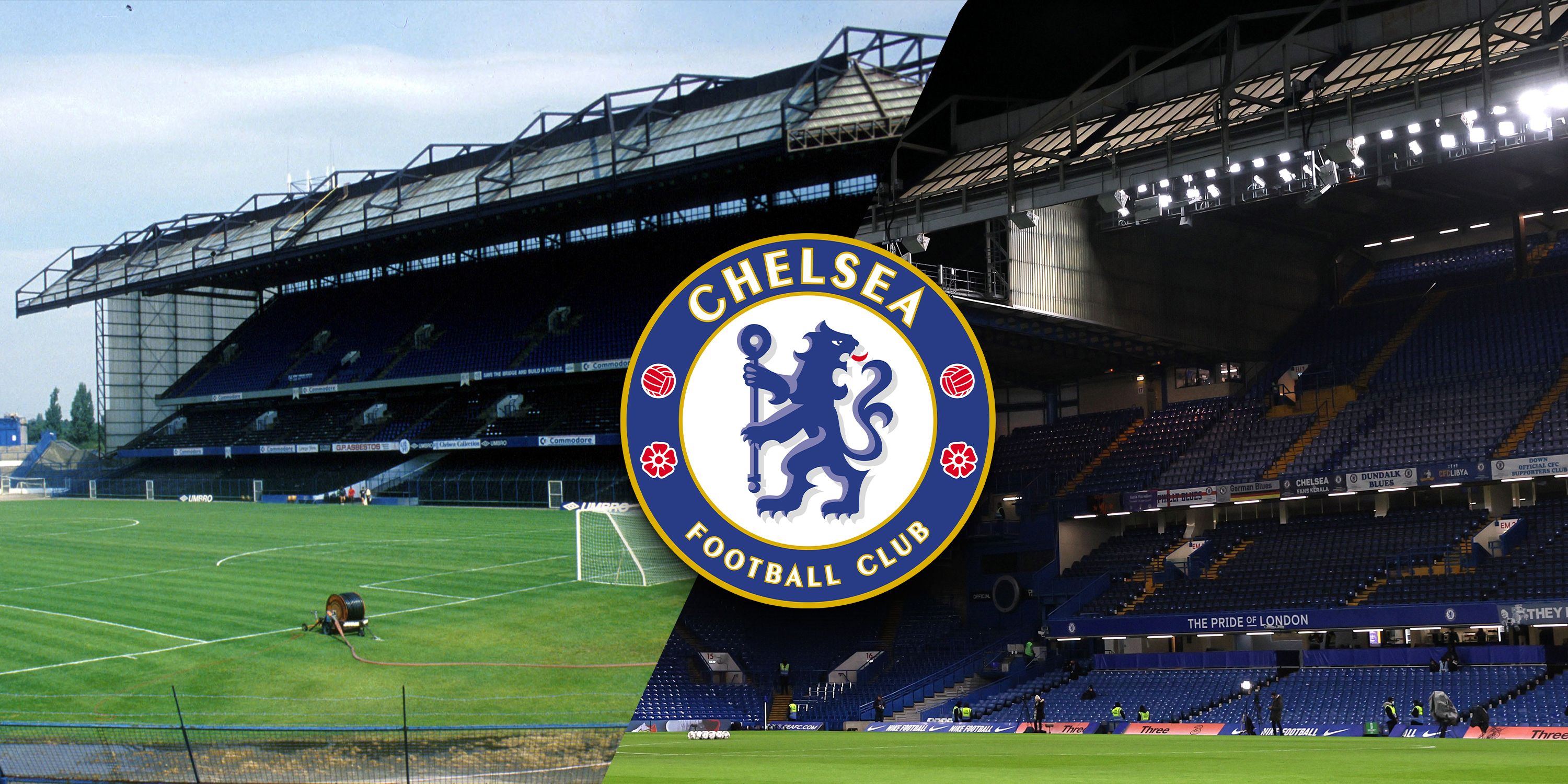 Stamford Bridge in 1988 and 2024 with the Chelsea crest.