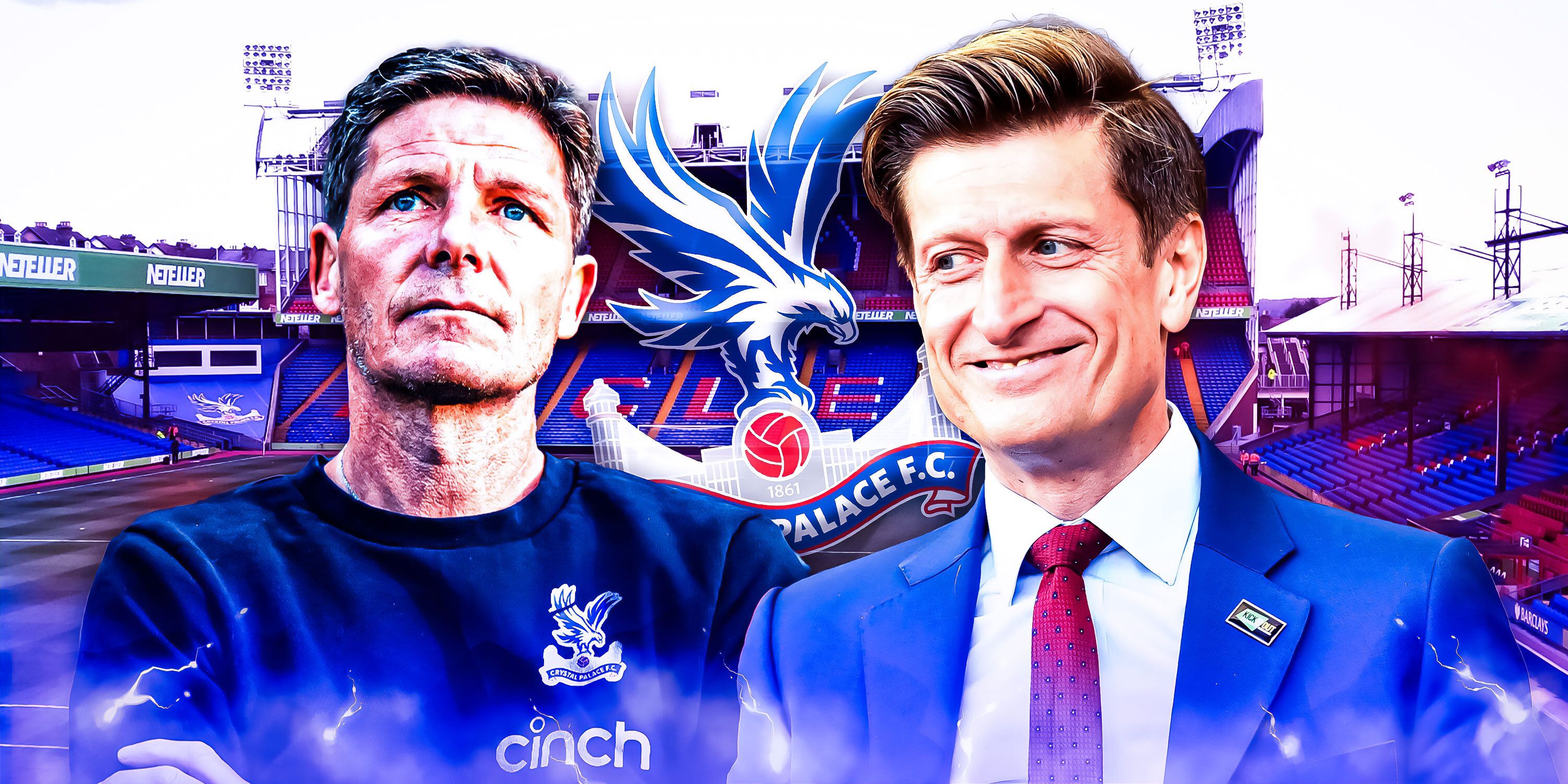 Crystal Palace boss Oliver Glasner and chairman Steve Parish in front of Selhurst Park