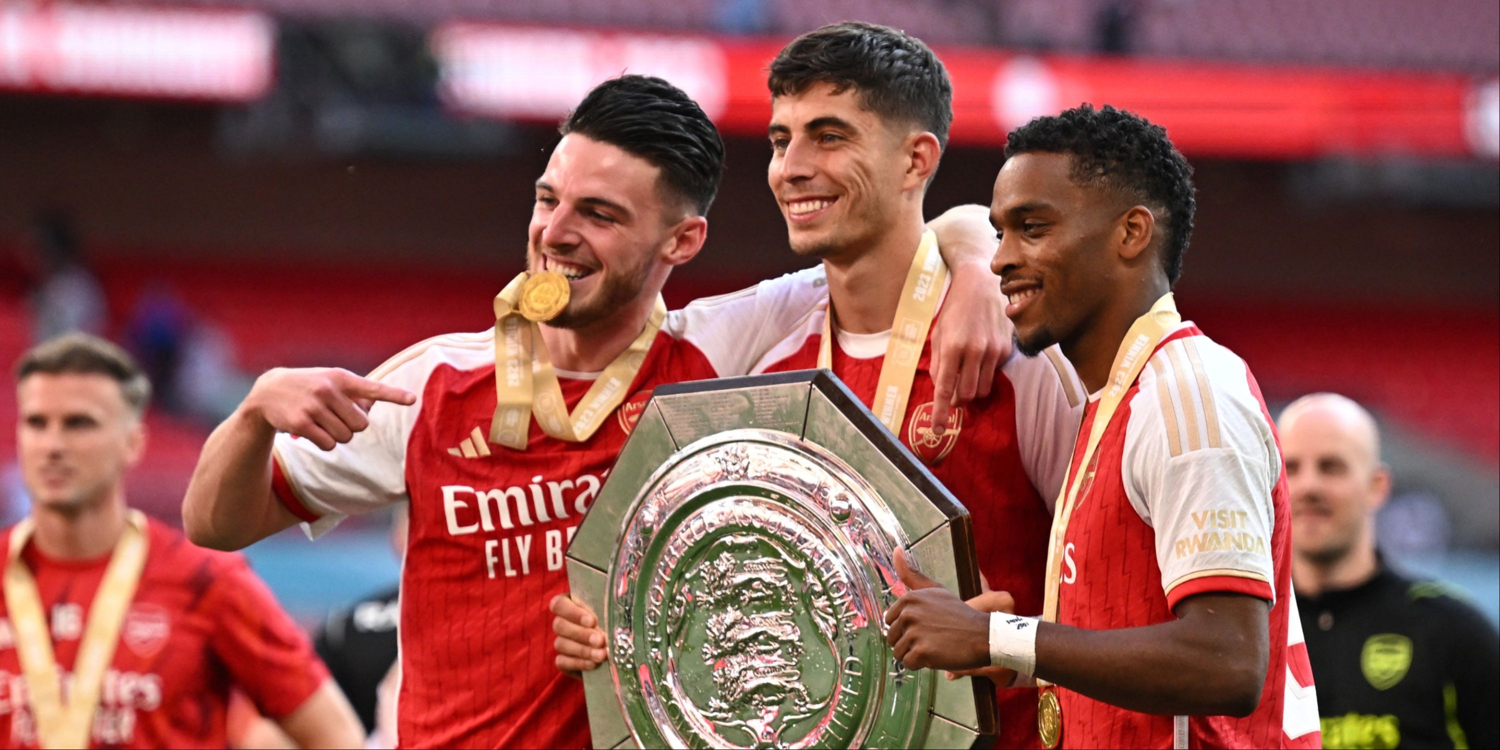 Arsenal's Declan Rice, Kai Havertz and Jurrien Timber celebrate with the Community Shield.