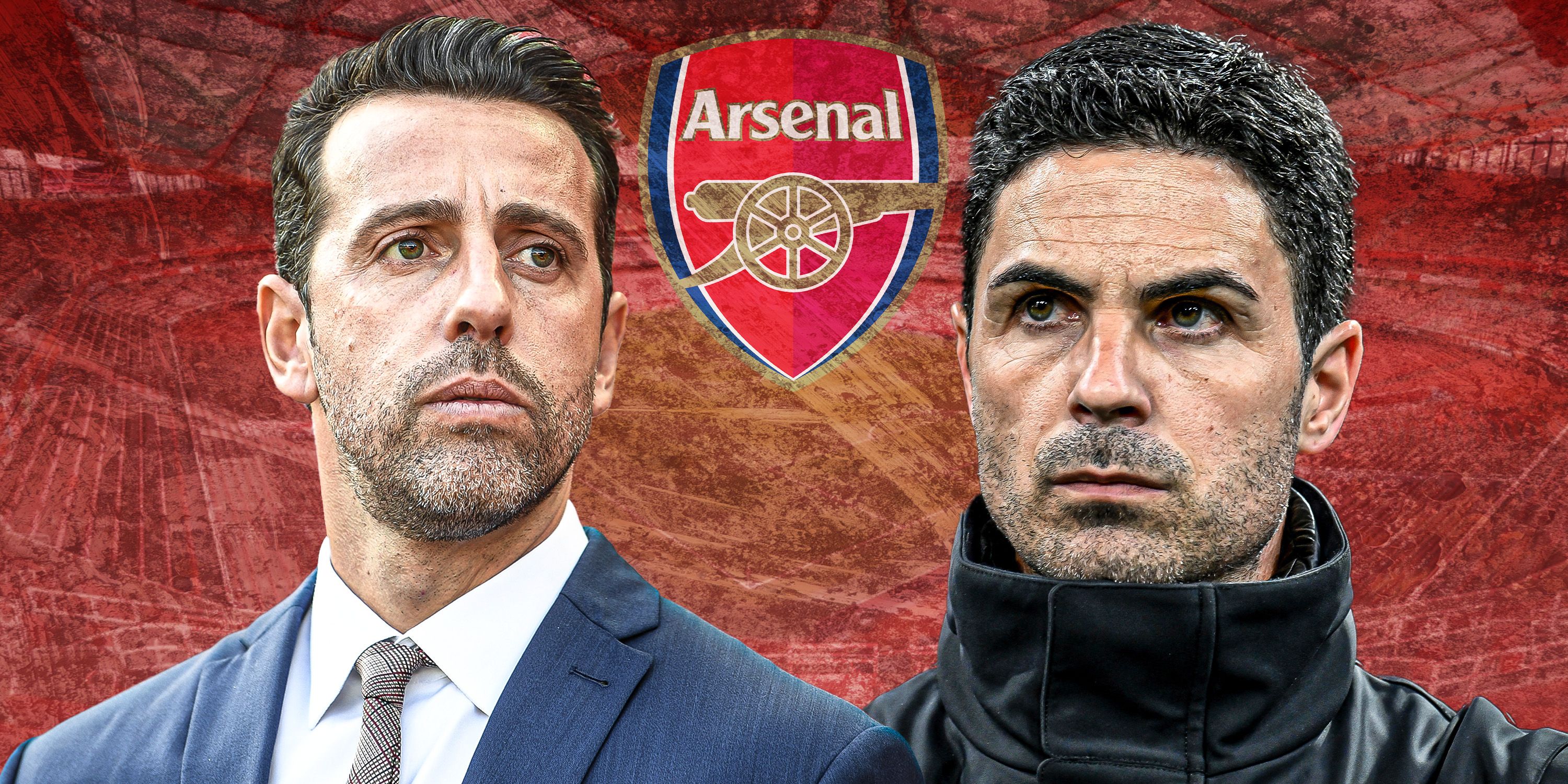Mikel Arteta and Edu looking stern/quizzical with Arsenal theme and logo