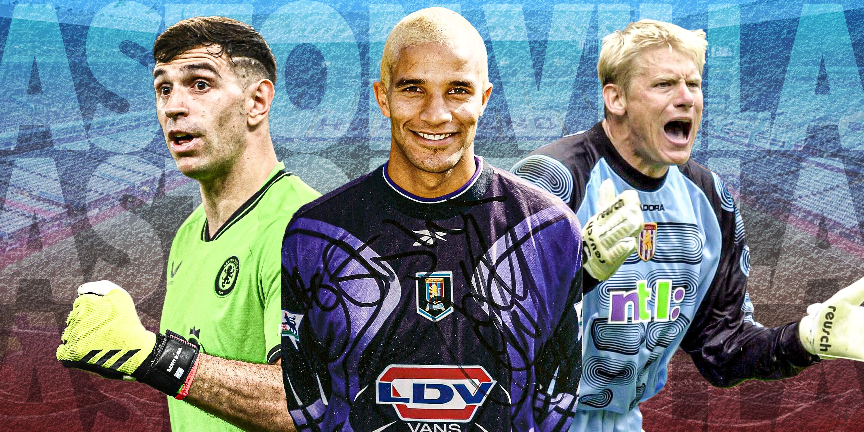 Emiliano Martinez, David James and Peter Schmeichel in a collage in front of Villa Park.