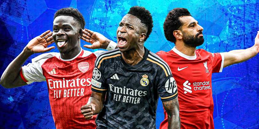 Arsenal's Bukayo Saka, Real Madrid's Vinicius Jr, and Liverpool's Mohamed Salah.