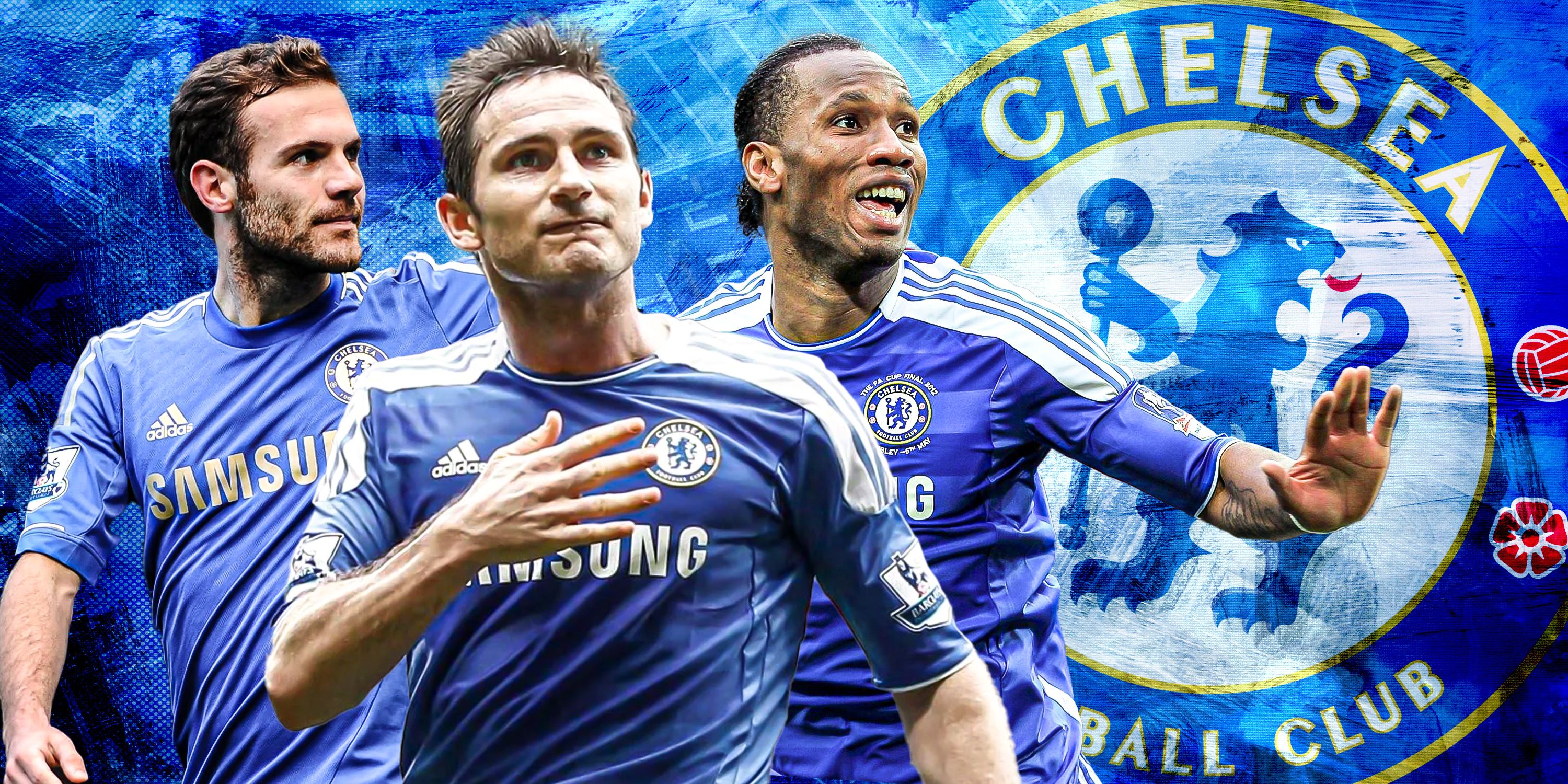 Juan Mata, Frank Lampard and Didier Drogba with the Chelsea crest.