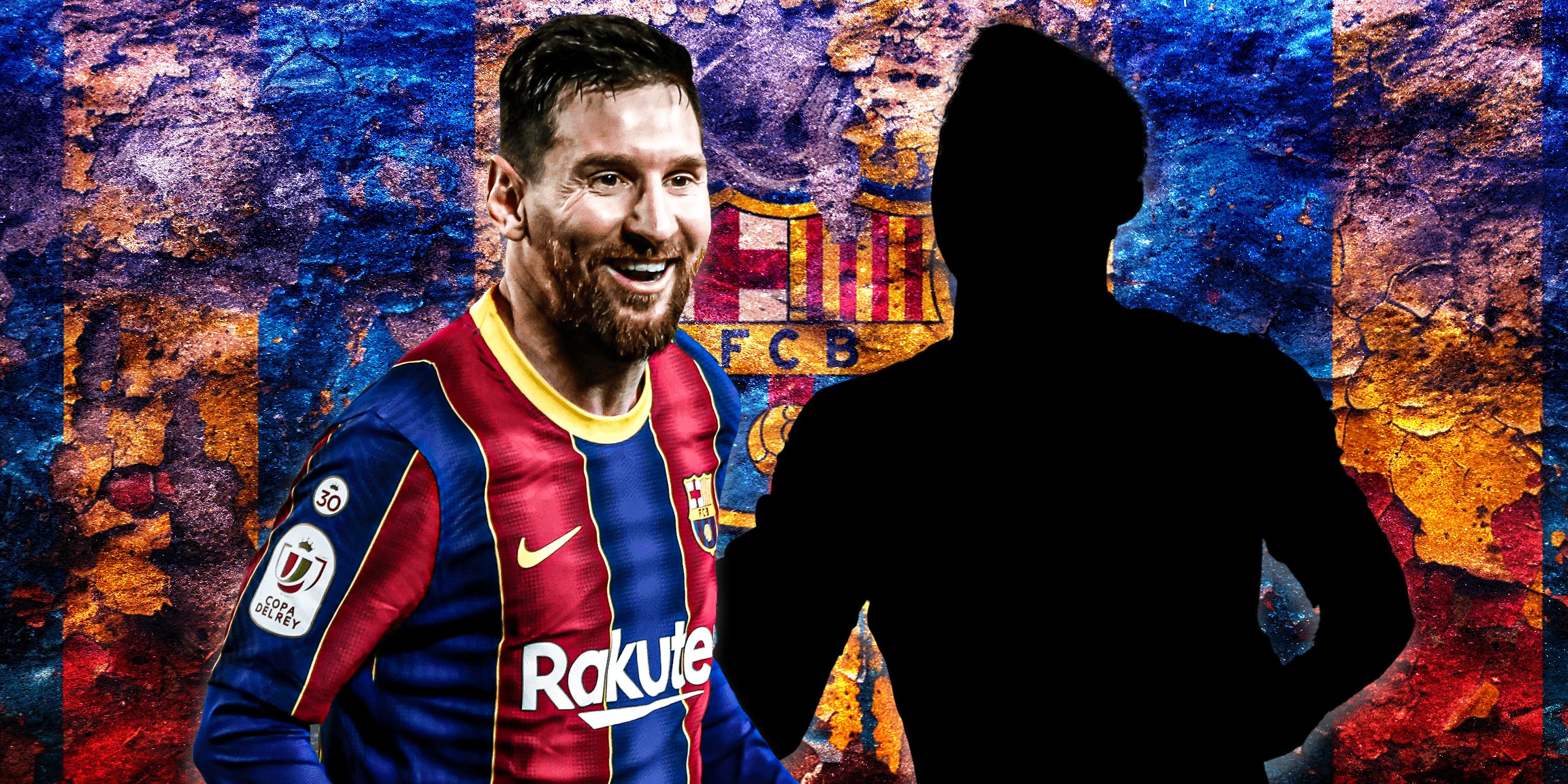 Lionel Messi with a generic player silhouette next to him and Barcelona theme