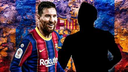 Lionel Messi with a generic player silhouette next to him and Barcelona theme