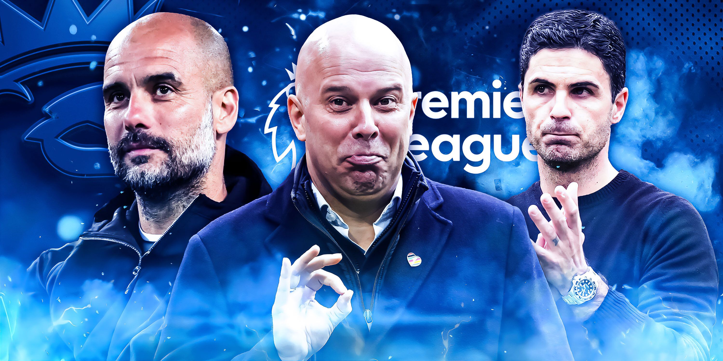 A custom image of Premier League managers Pep Guardiola, Arne Slot and Mikel Arteta