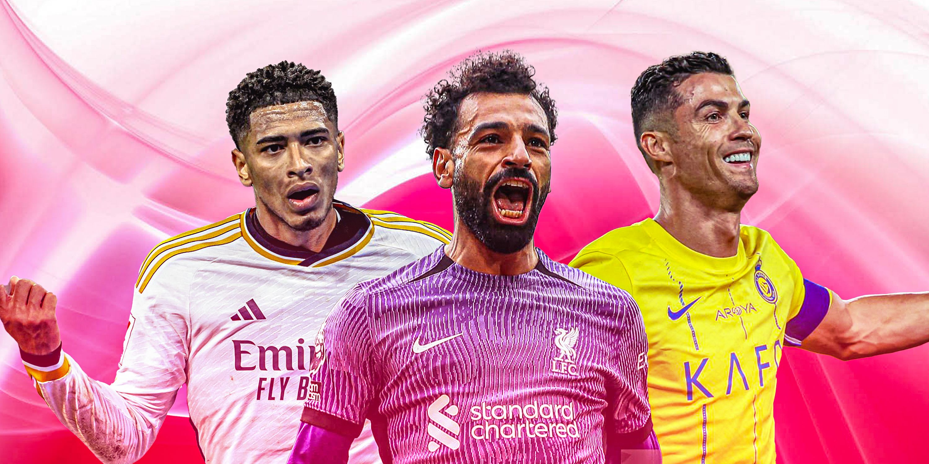 Featured Image featuring Real Madrid's Jude Bellingham, Liverpool's Mohamed Salah and Al-Nassr's Cristiano Ronaldo.