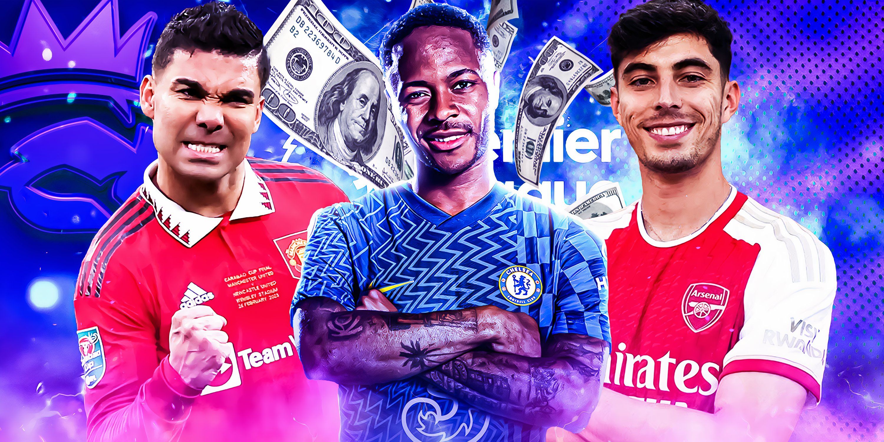 Featured Image featuring Chelsea's Raheem Sterling, Manchester United's Casemiro and Arsenal's Kai Havertz.