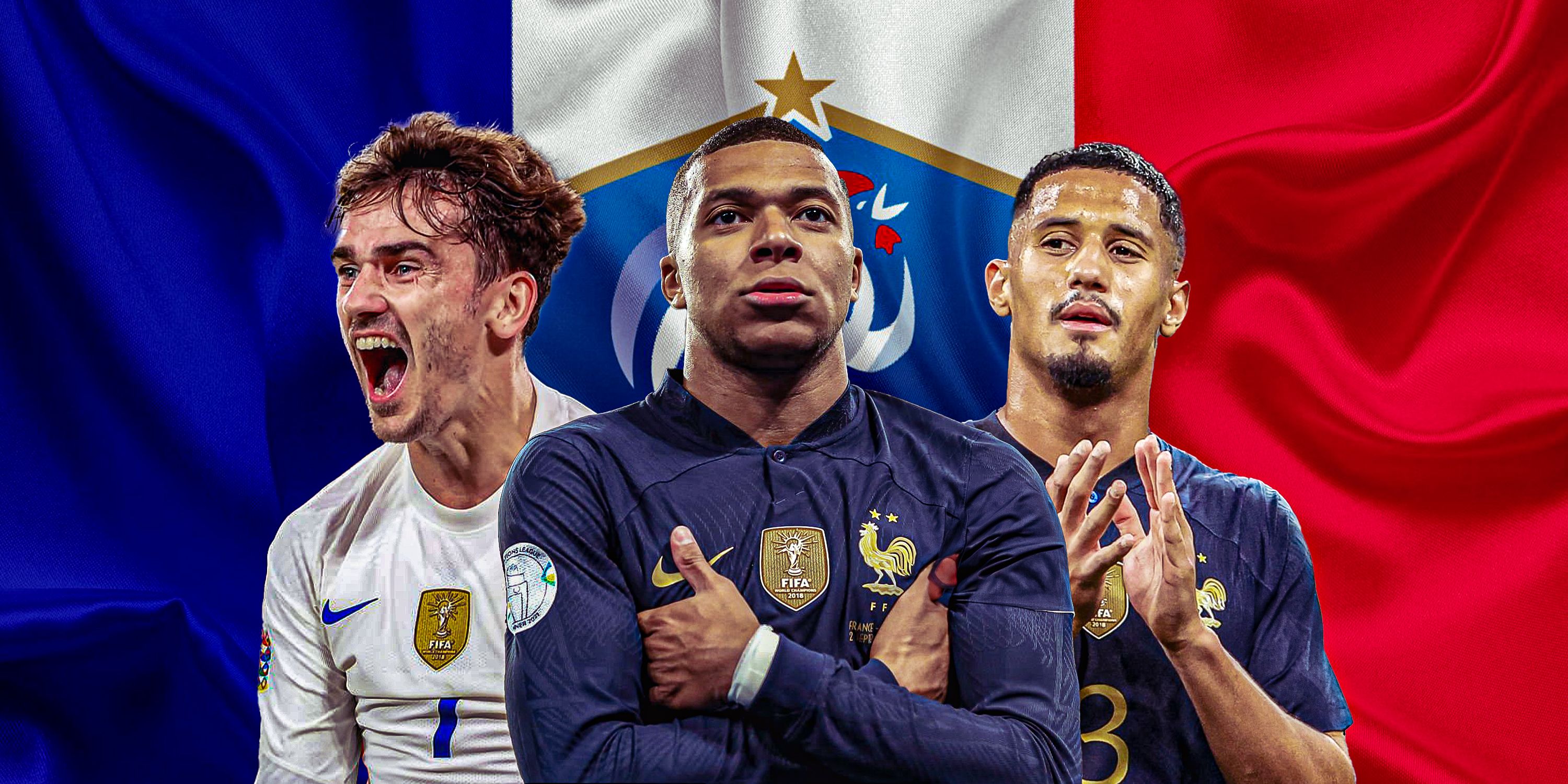 Kylian Mbappe in the middle with William Saliba and Antoine Griezmann in France kit
