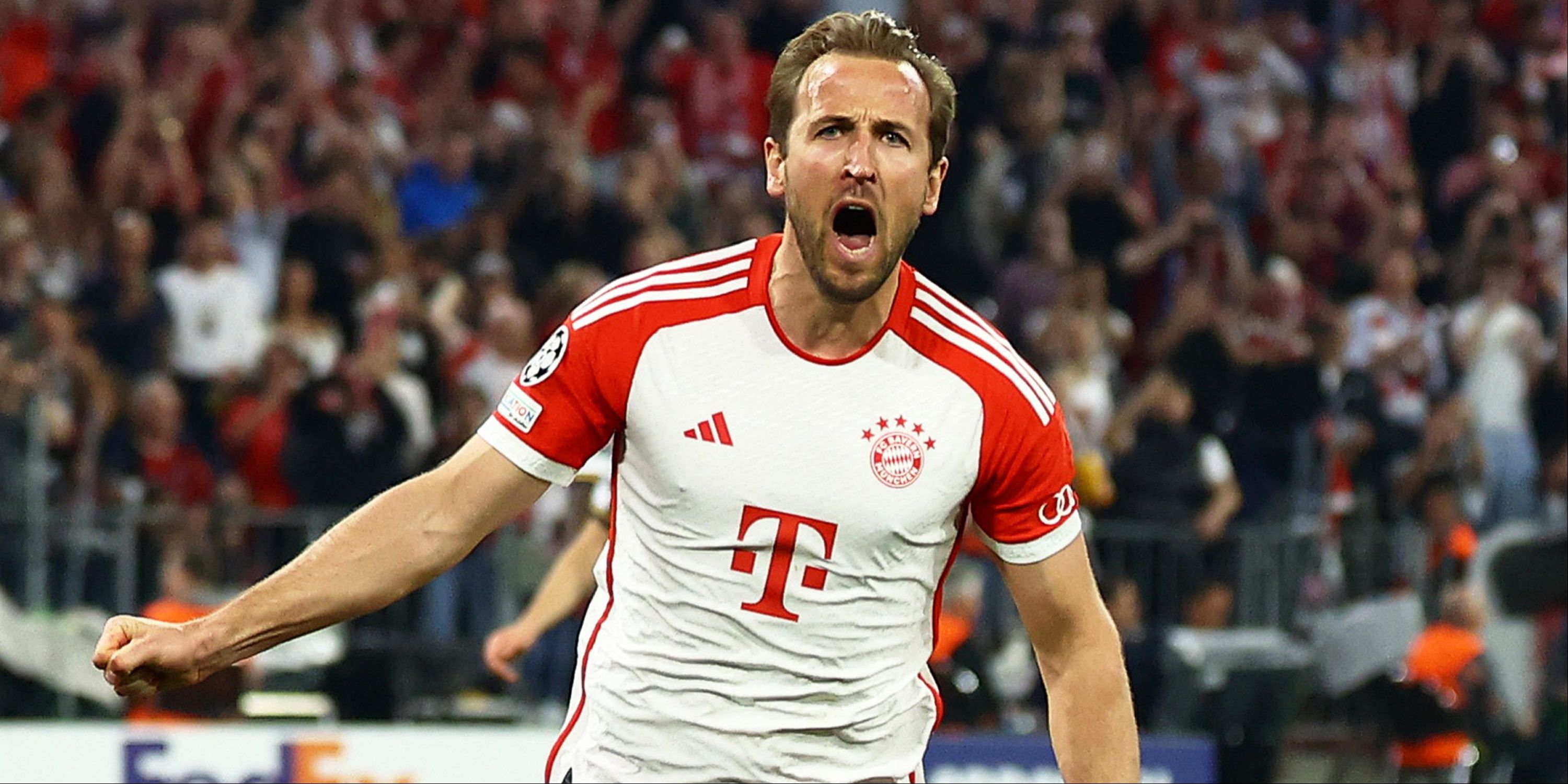 Harry Kane celebrates scoring for Bayern Munich. 