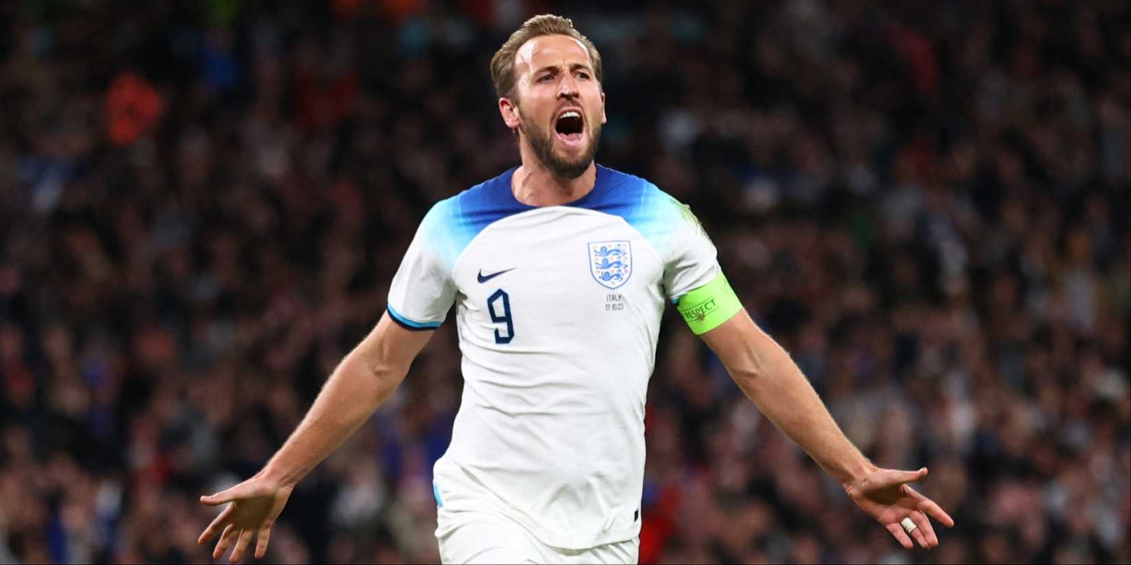 Harry Kane celebrates scoring for England. 