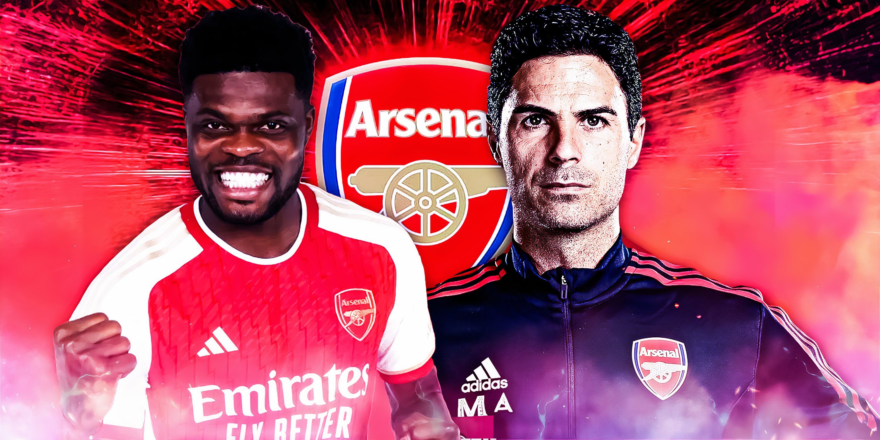 Mikel Arteta, and Thomas Partey (in Arsenal kit 2024) with Arsenal logo/background