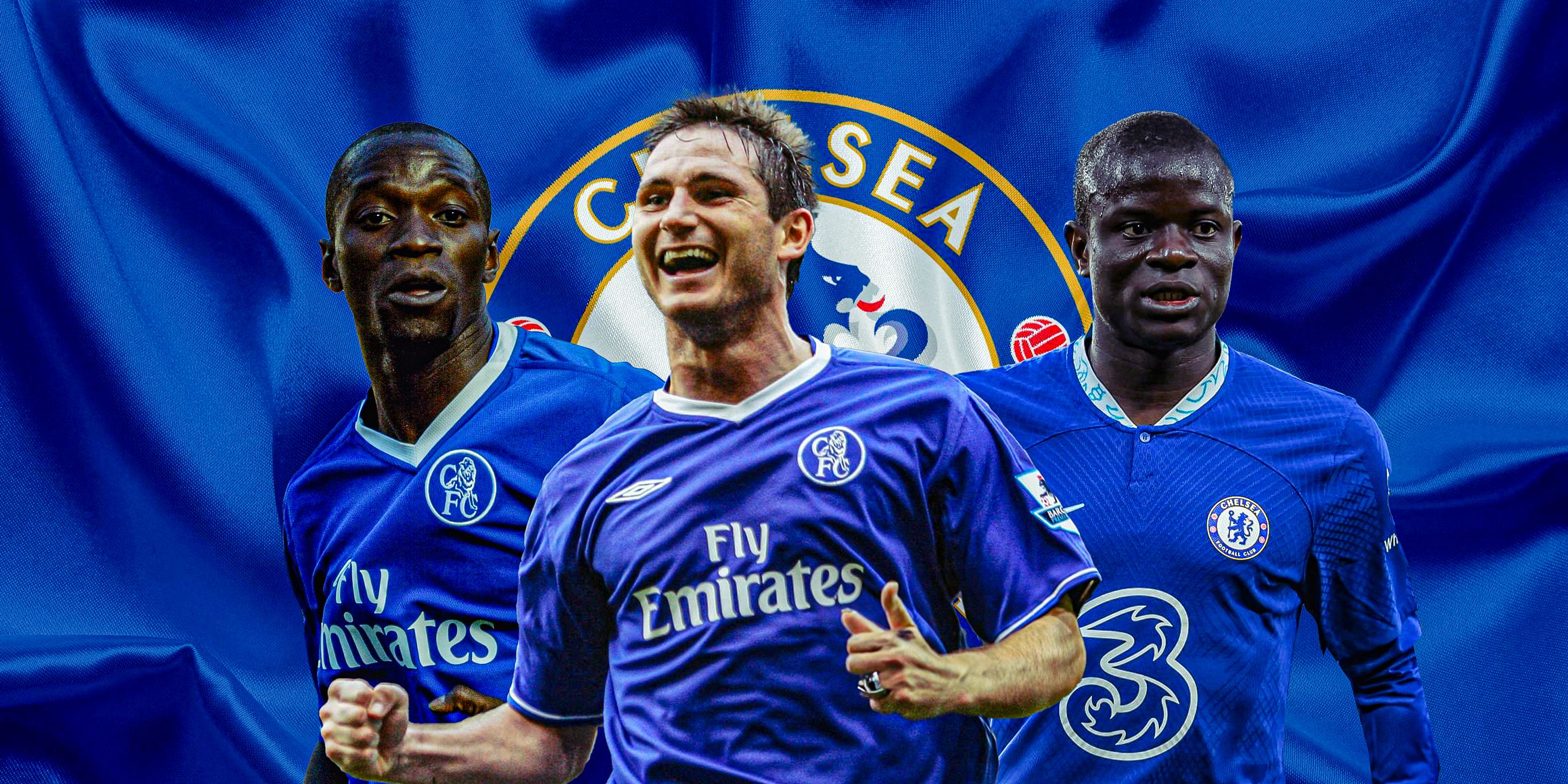 A custom image of Claude Makelele, Frank Lampard and N'Golo Kante
