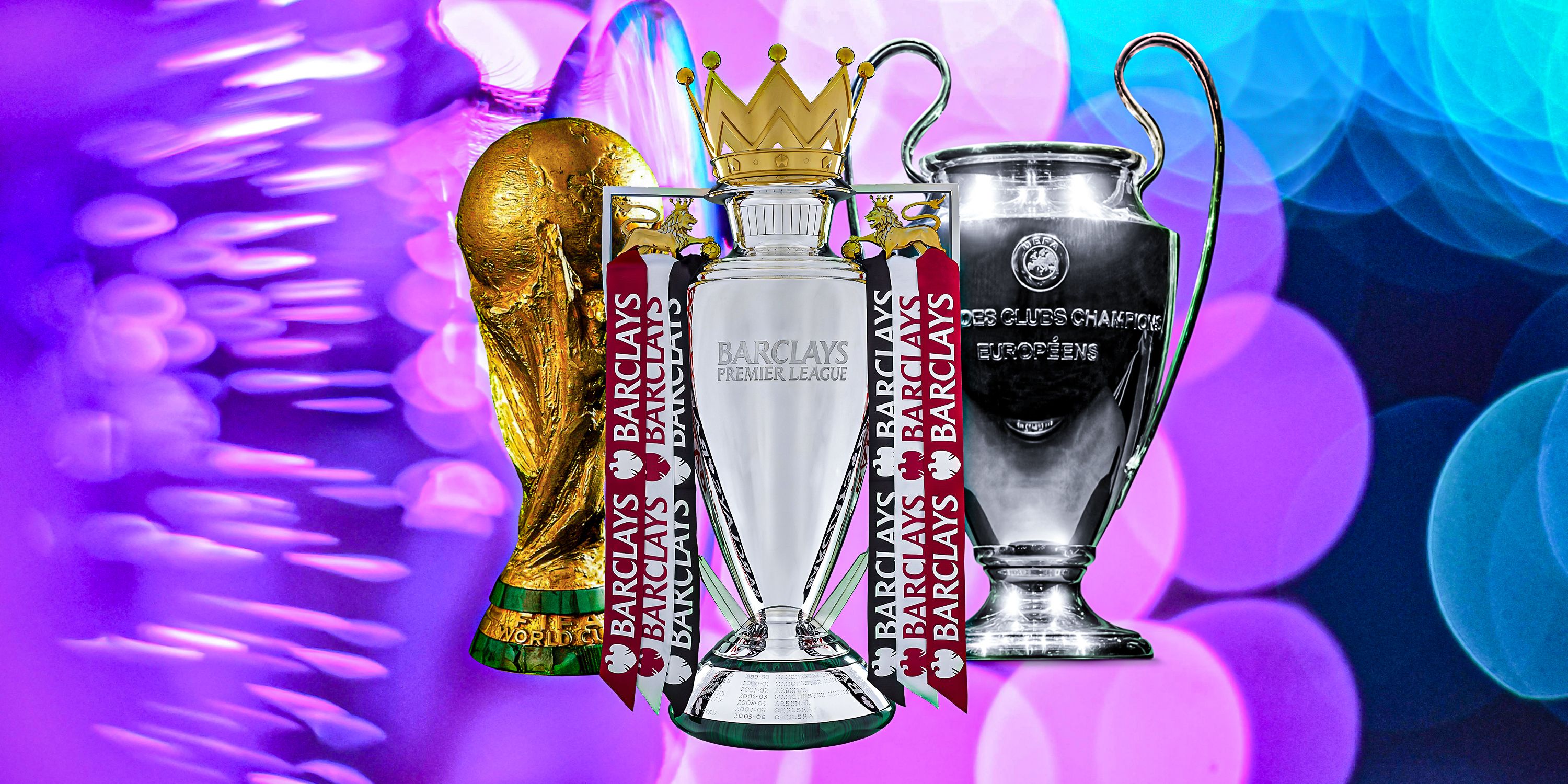 Premier League, World Cup and Champions League trophies