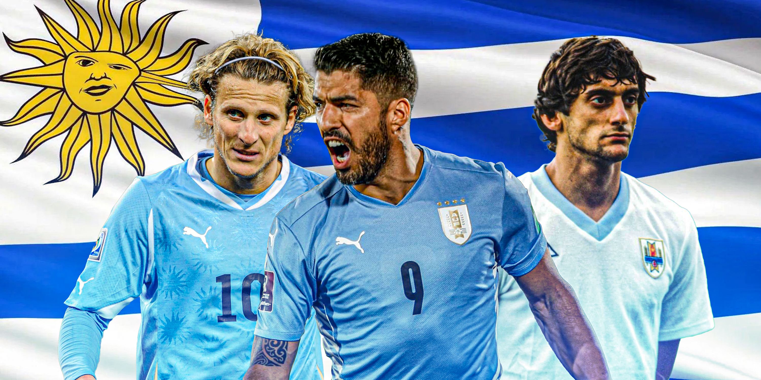 Luis Suarez in the middle with Diego Forlan and Enzo Francescoli all in Uruguay kit with Urguayan theme/badge