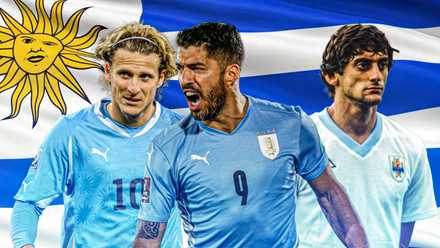 Luis Suarez in the middle with Diego Forlan and Enzo Francescoli all in Uruguay kit with Urguayan theme/badge