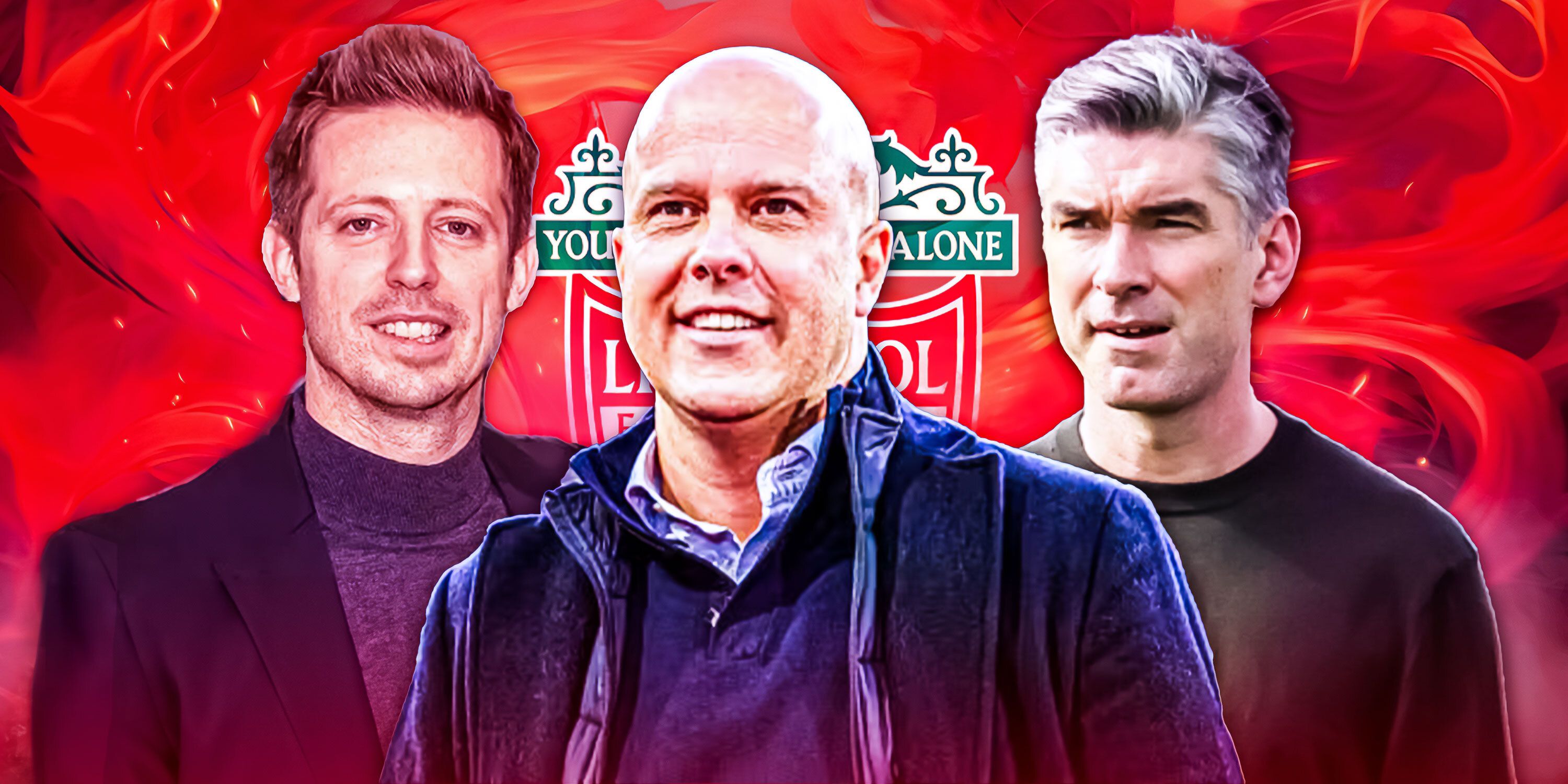 Fenway Sports Group's chief executive of football Michael Edwards, Feyenoord head coach Arne Slot and incoming Liverpool sporting director Richard Hughes