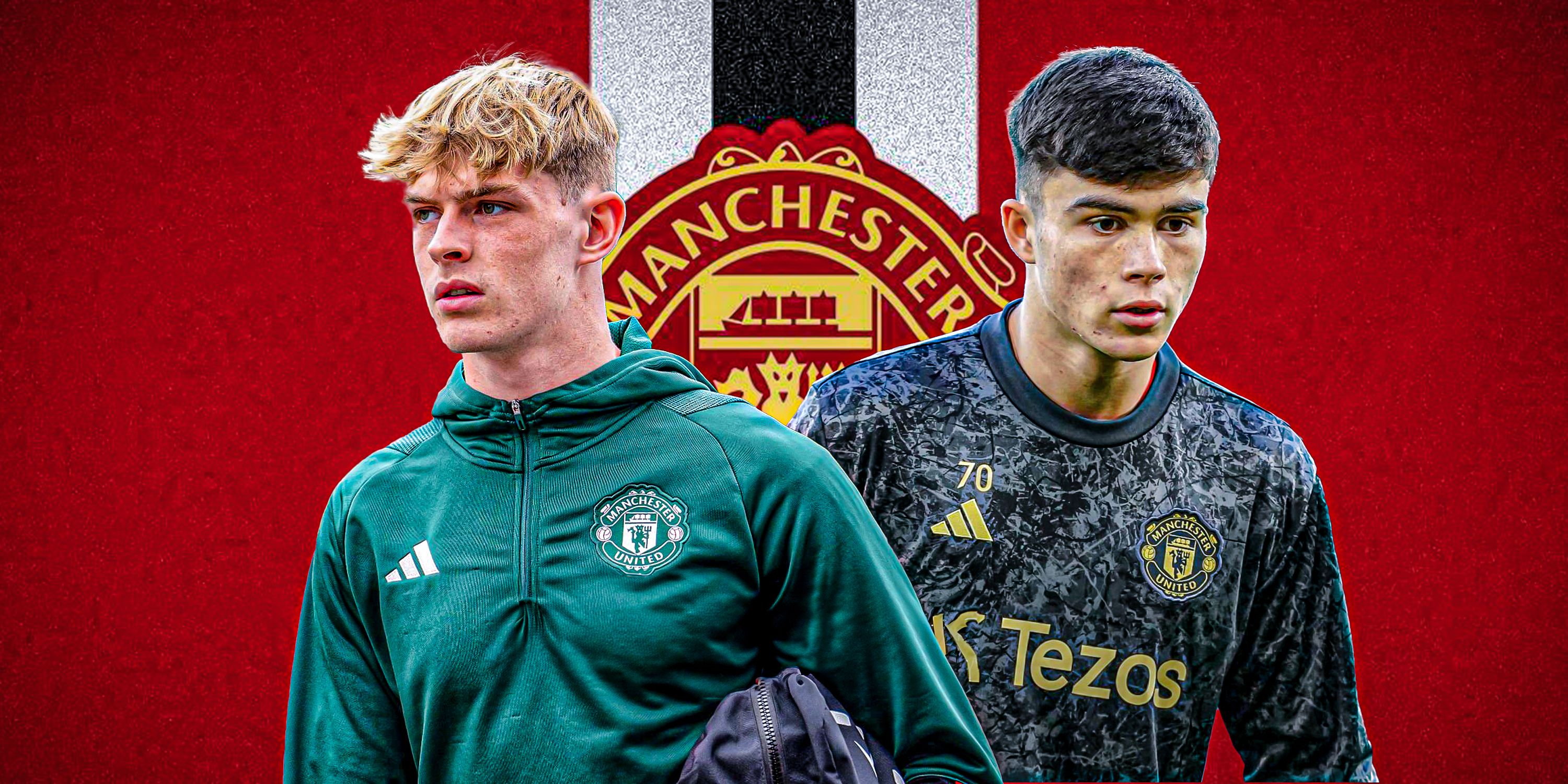 Harry Amass and Toby Collyer in Man Utd kit with Man Utd logo