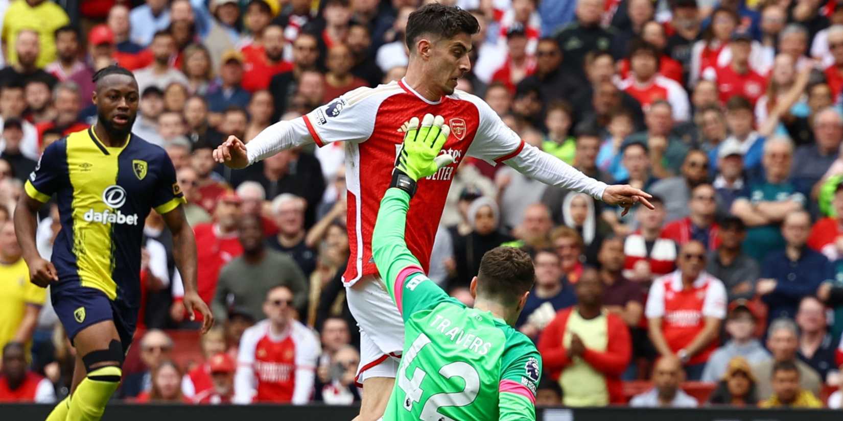 AFC Bournemouth's Mark Travers fouls Arsenal's Kai Havertz