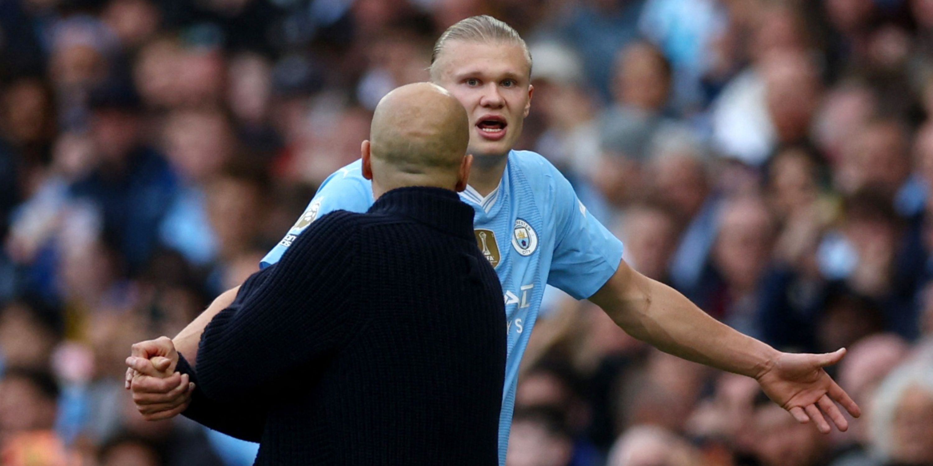 Manchester City's Erling Haaland clashes with manager Pep Guardiola after being substituted