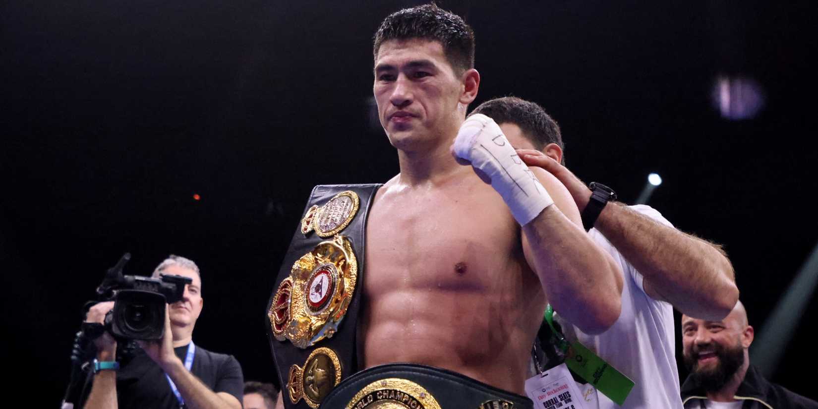 Dmitry Bivol celebrates Lyndon Arthur victory