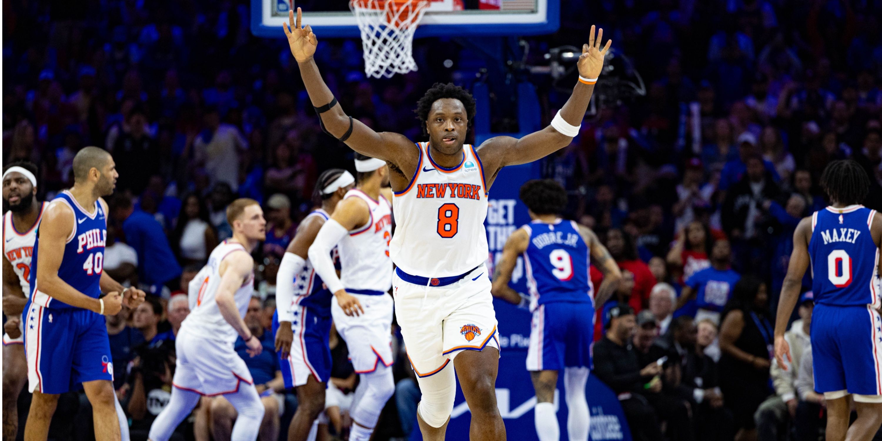 New York Knicks' forward OG Anunoby celebrates against the Philadelphia 76ers in the 2024 NBA Playoffs.