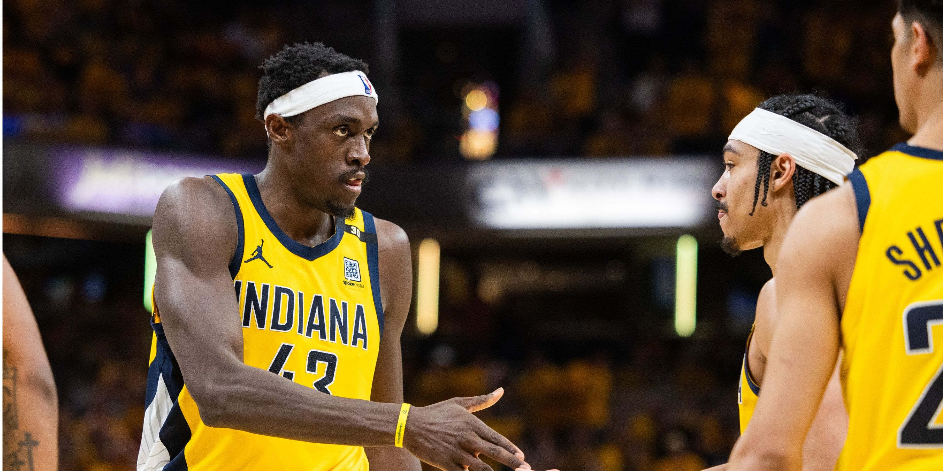 Indiana Pacers forward Pascal Siakam celebrates with teammates during the 2024 NBA Playoffs.