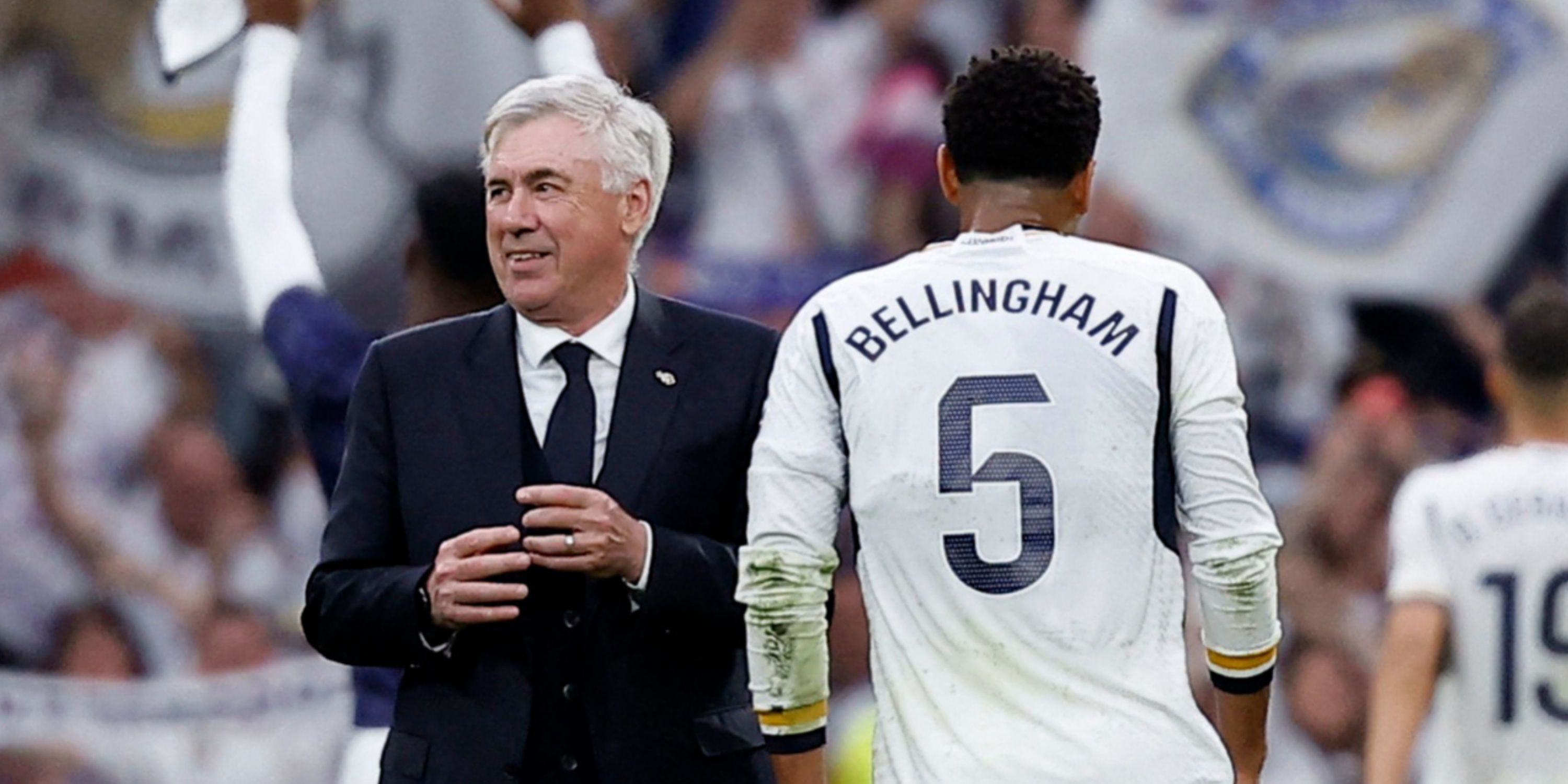 Real Madrid coach Carlo Ancelotti and Jude Bellingham celebate