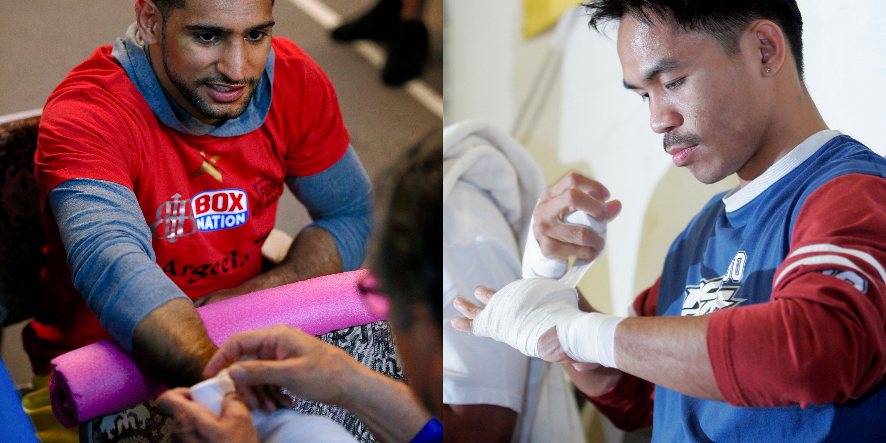 Amir Khan and Manny Pacquiao getting their hands wrapped