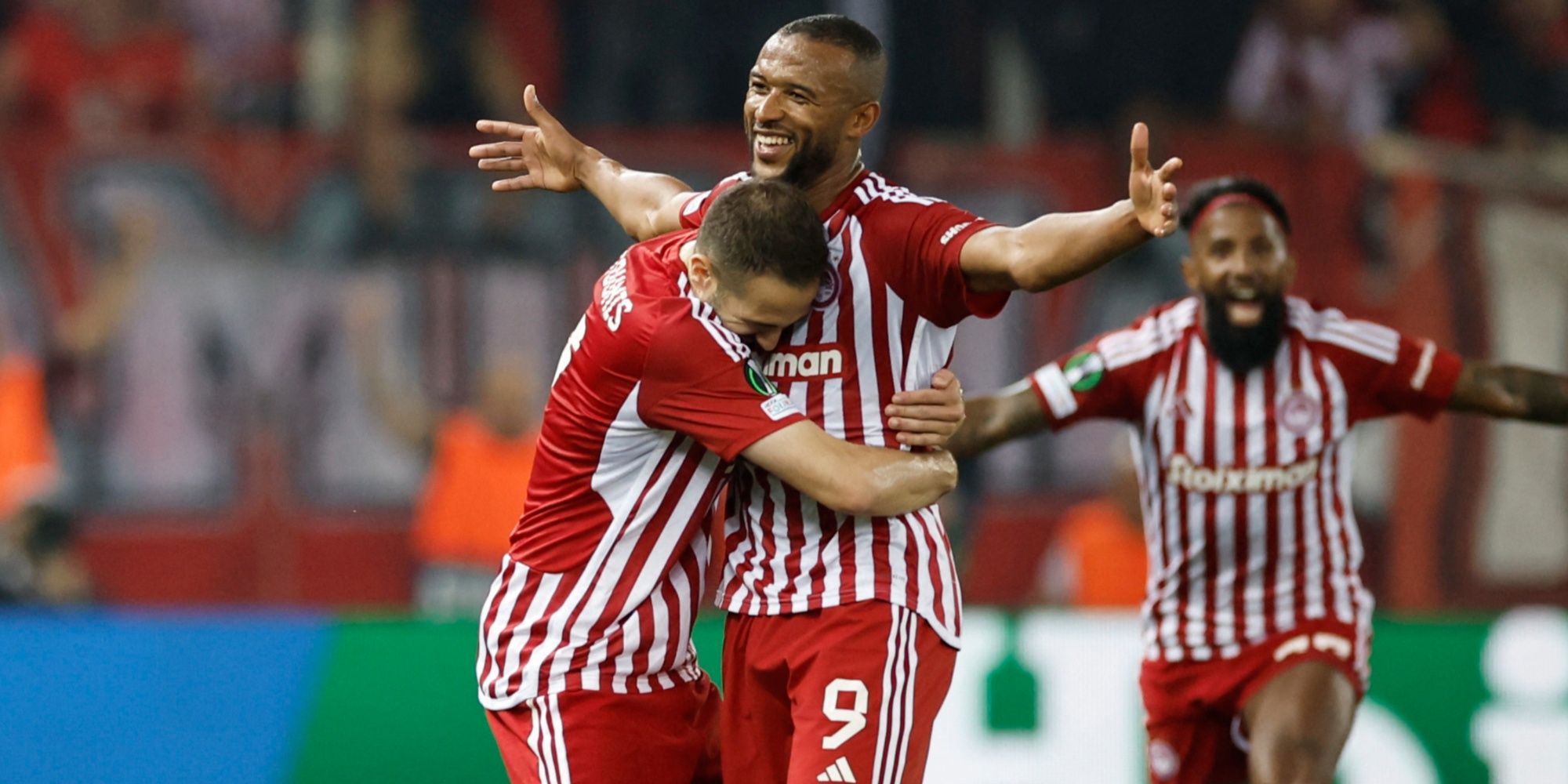 Olympiacos' Ayoub El Kaabi celebrates scoring their second goal