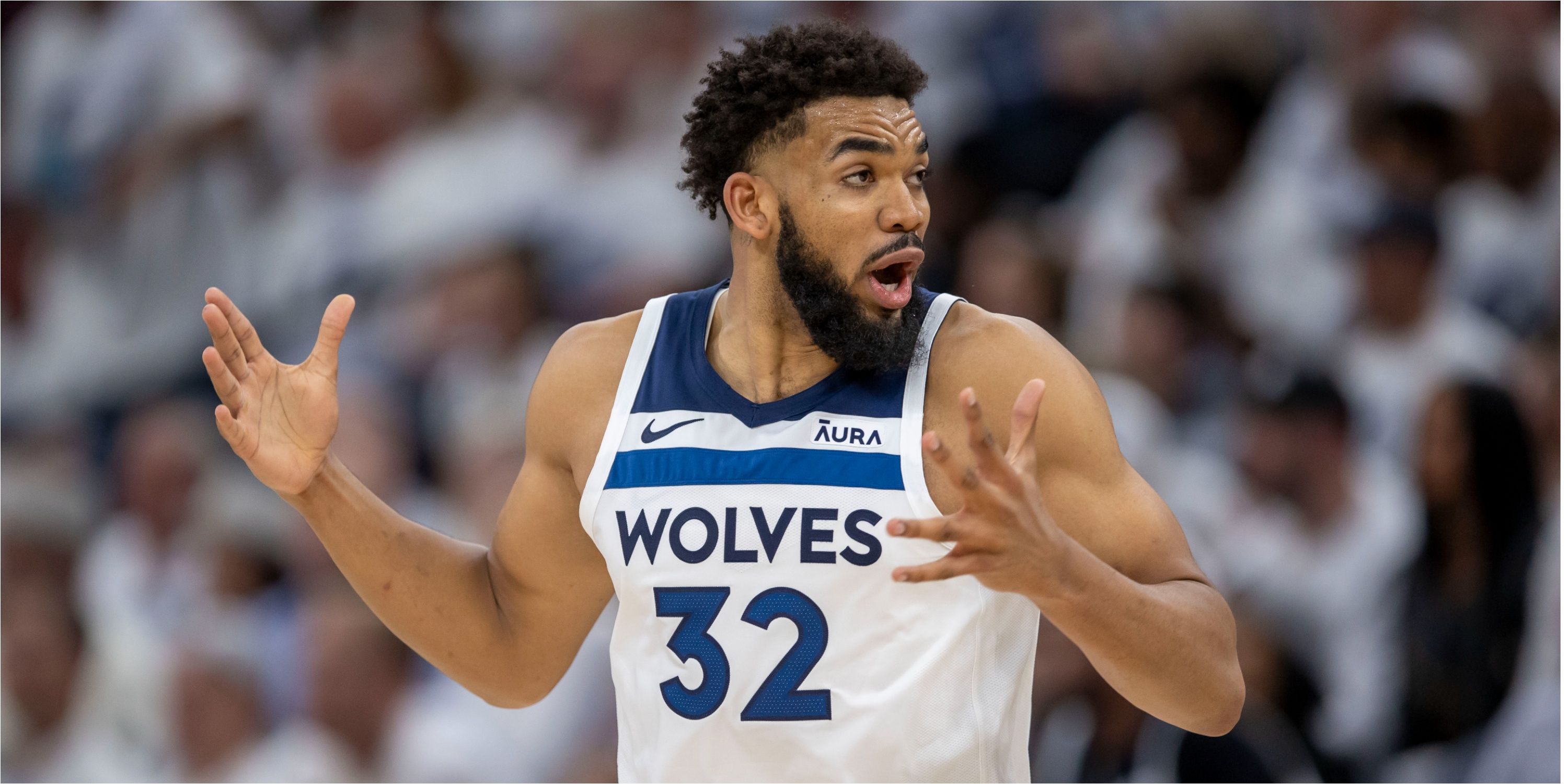 Minnesota Timberwolves' forward Karl-Anthony Towns reacts to a call against the Denver Nuggets in the 2024 NBA Playoffs.