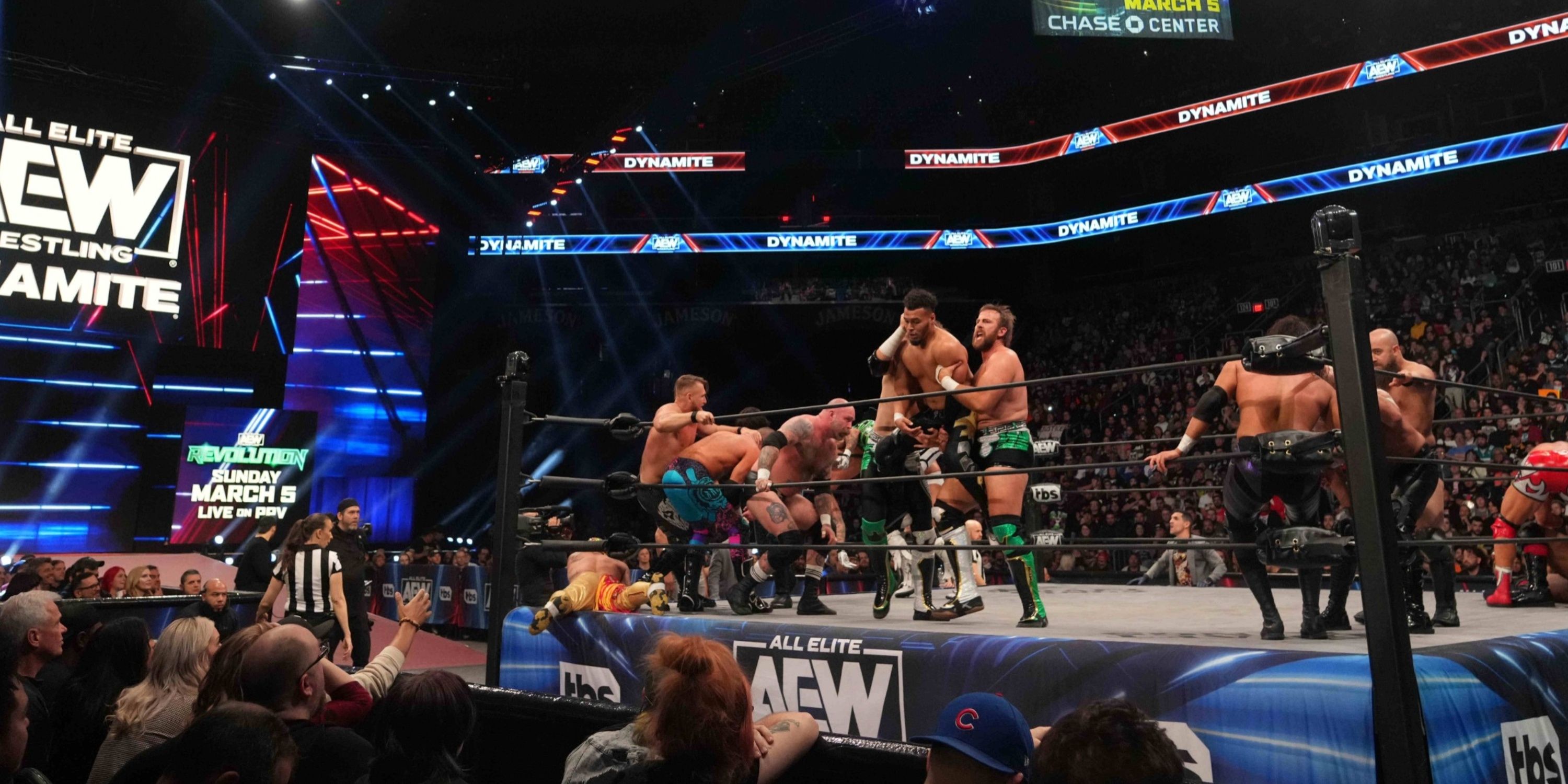 Wrestlers battle during a tag team battle royal during AEW Dynamite