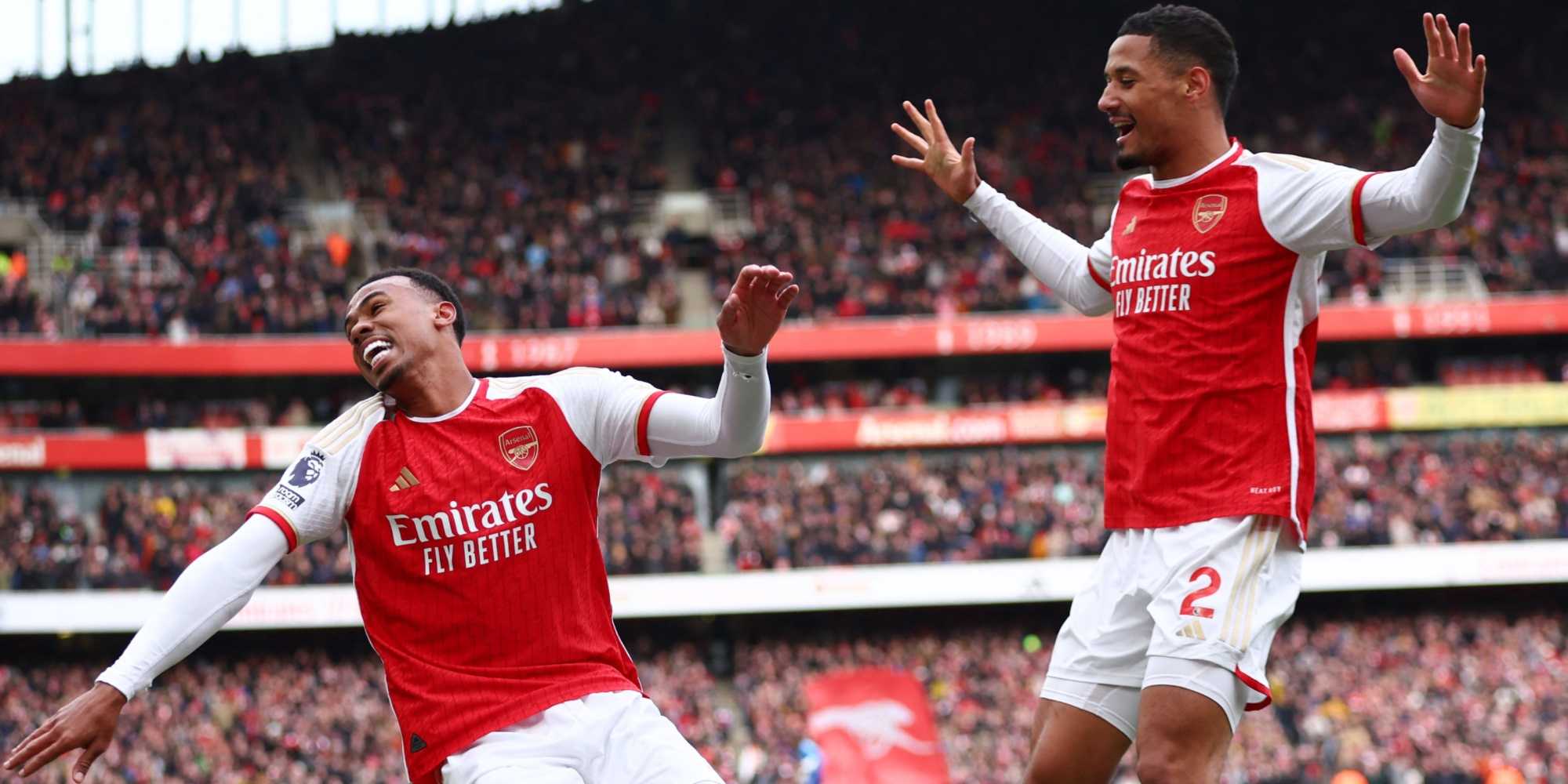 Arsenal's Gabriel celebrates scoring their first goal with William Saliba