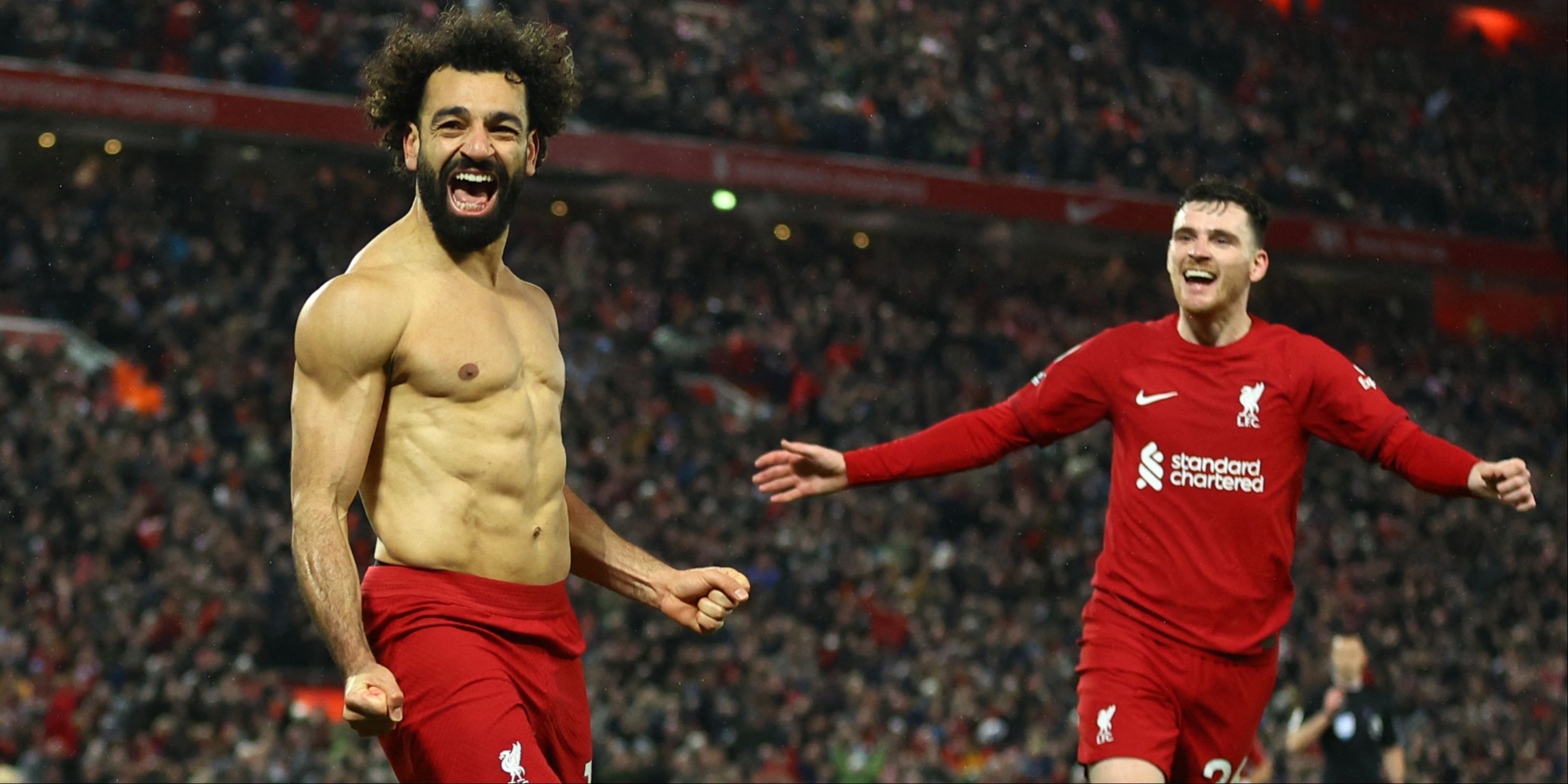 Mohamed Salah and Andy Robertson celebrate